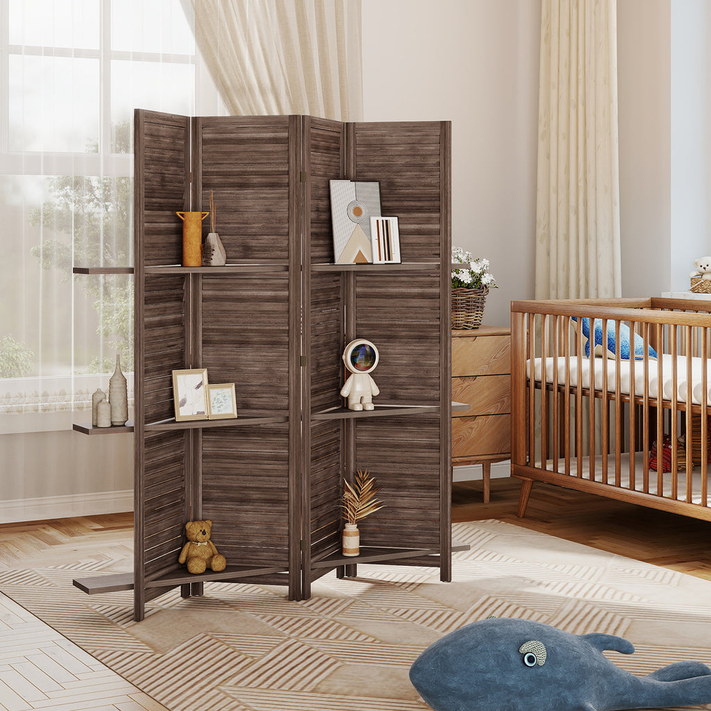 4 Panel 67" Tall Wood Privacy Screen Room Divider with 3 Shelves and Folding Storage for Bedroom, Walnut