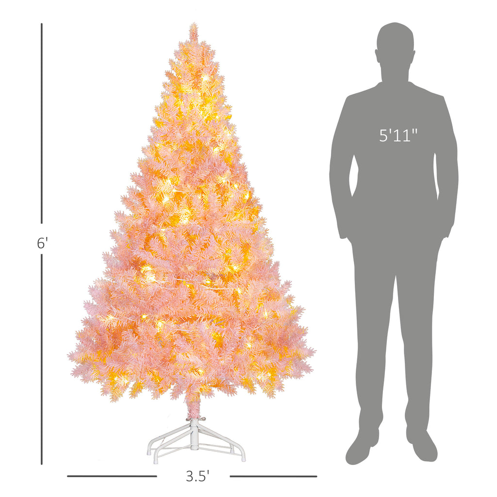6 FT Tall PreLit Artificial Christmas Tree with Realistic Branches, 250 Warm White LED Lights and 1000 Tips, Pink