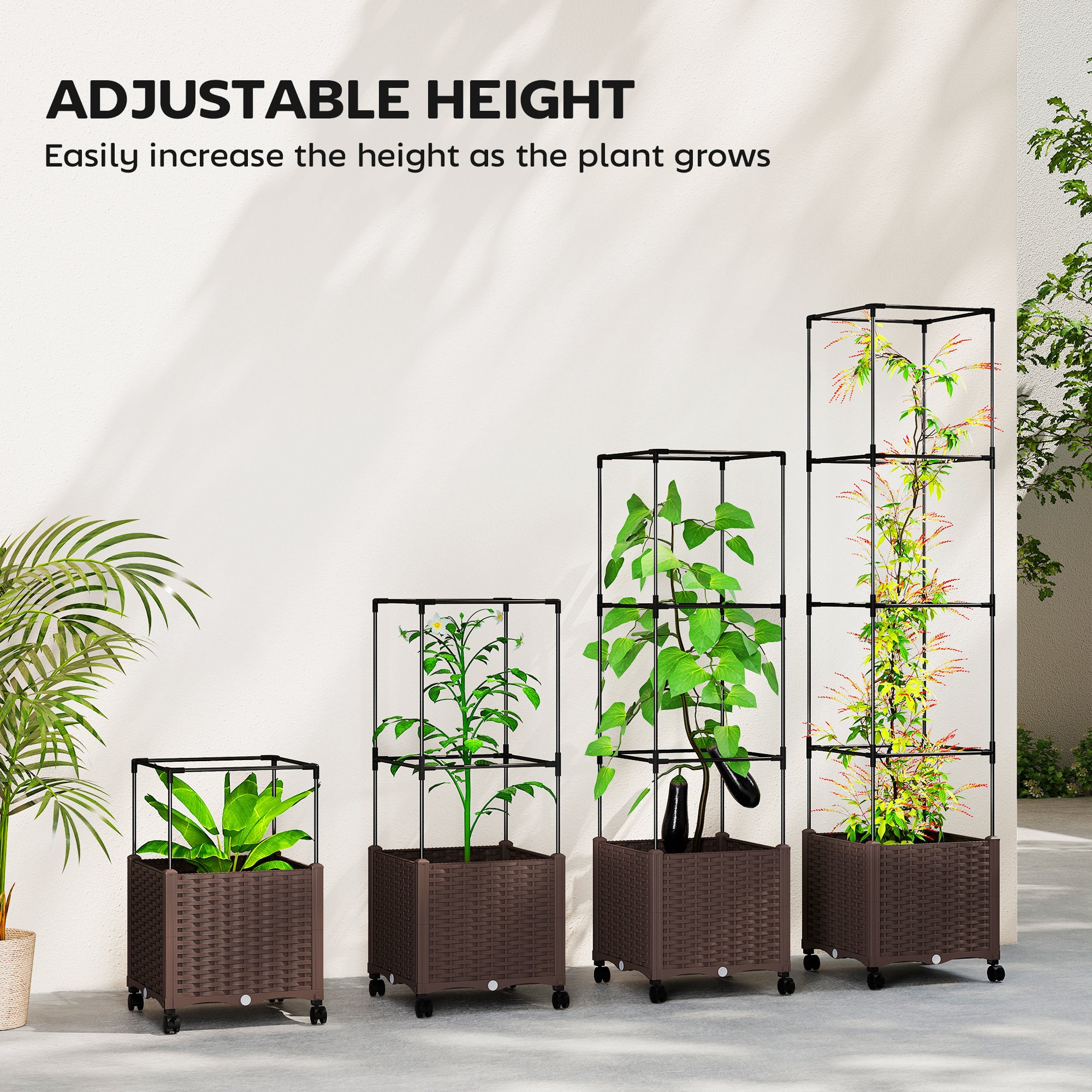 Raised Garden Bed with Trellis, Tomato Cage with Lockable Wheels, Self Watering Planter Box with Drainage Holes, Brown