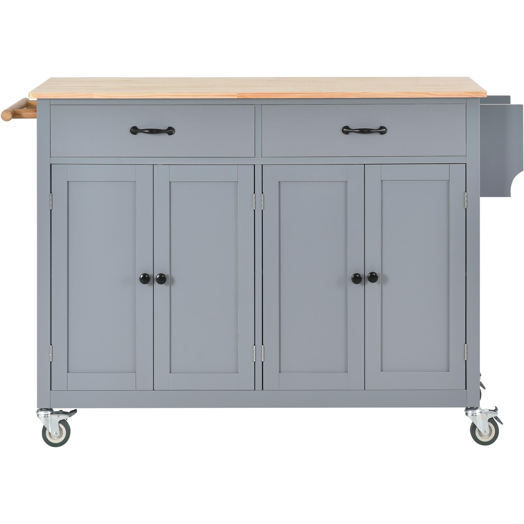 Kitchen Island Cart with 4-Door Cabinet, 2 Drawers, Solid Wood Top, Locking Wheels, Spice and Towel Racks, 54.5" L x 18.5" W x 36" H, Blue
