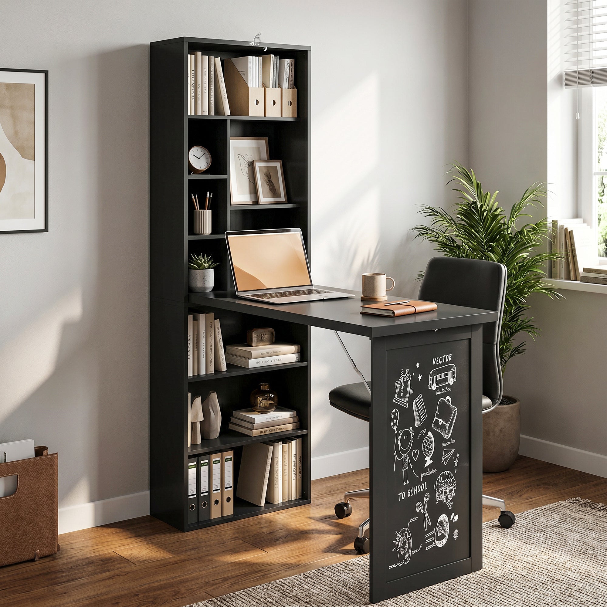 Fold-out Convertible Home Office Desk, Wall Mount Computer Desk with Blackboard and Side Shelf, Black