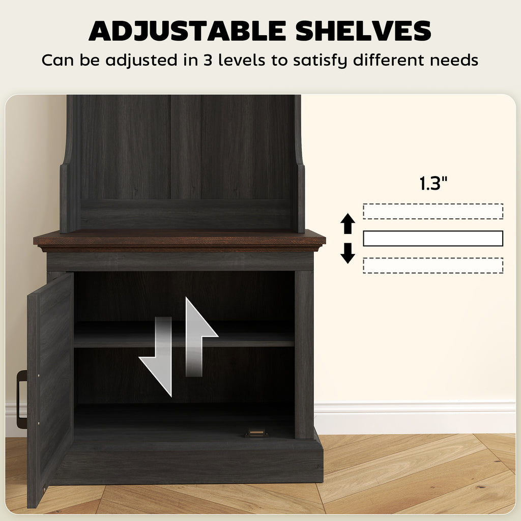3-in-1 Hall Tree with Shoe Storage, Coat Rack with Bench, Entryway Furniture with Five Hooks, Black Wood Grain
