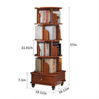 5-Tier Corner Bookcase for Small Spaces, 360-Degree Rotating Display Bookshelf with Drawer, 18" L x 18" W x 57" H, Walnut Brown