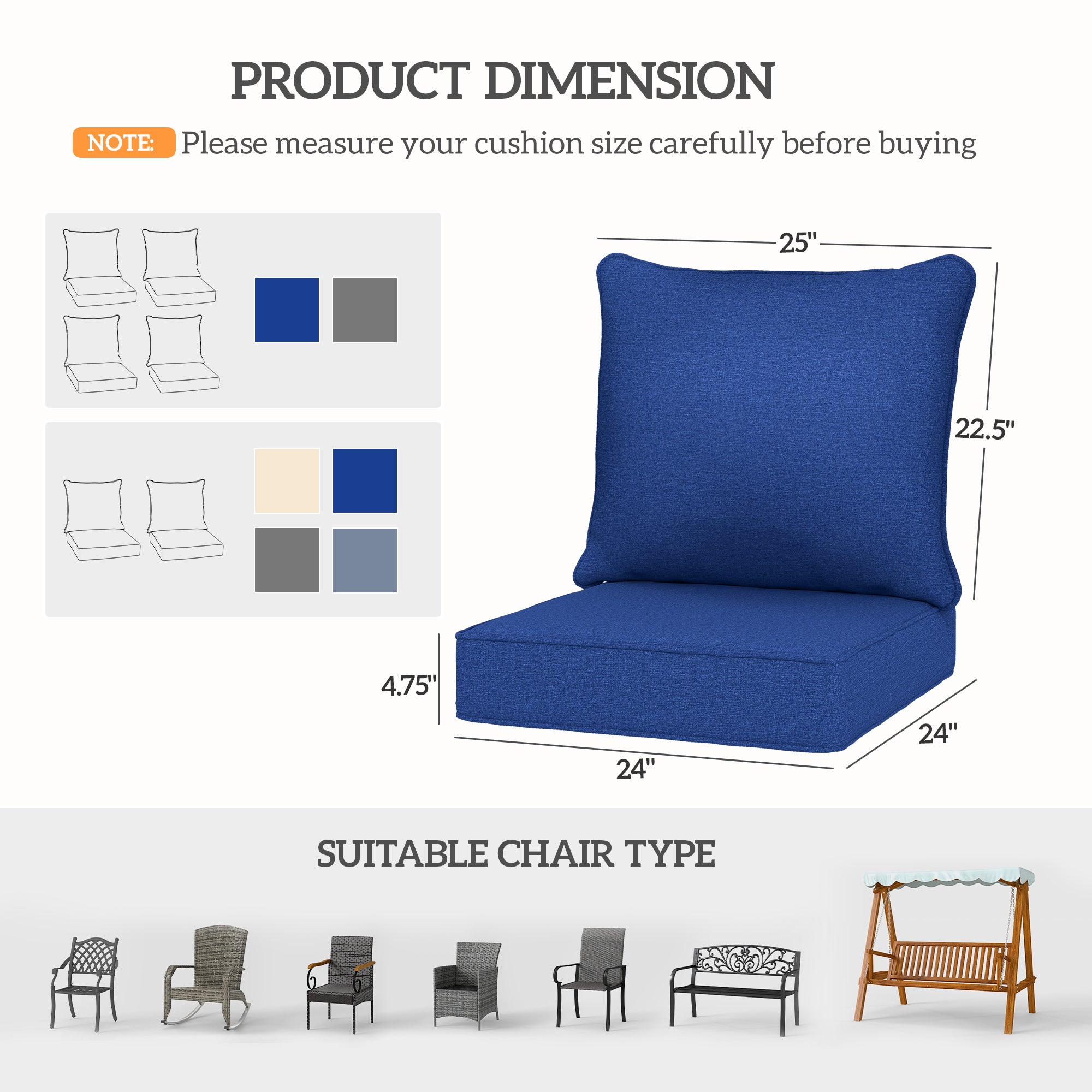 Patio Chair Cushions Set of 4 with Seat & Backrest, Fade Resistant Seat Replacement Cushion Set, Navy Blue