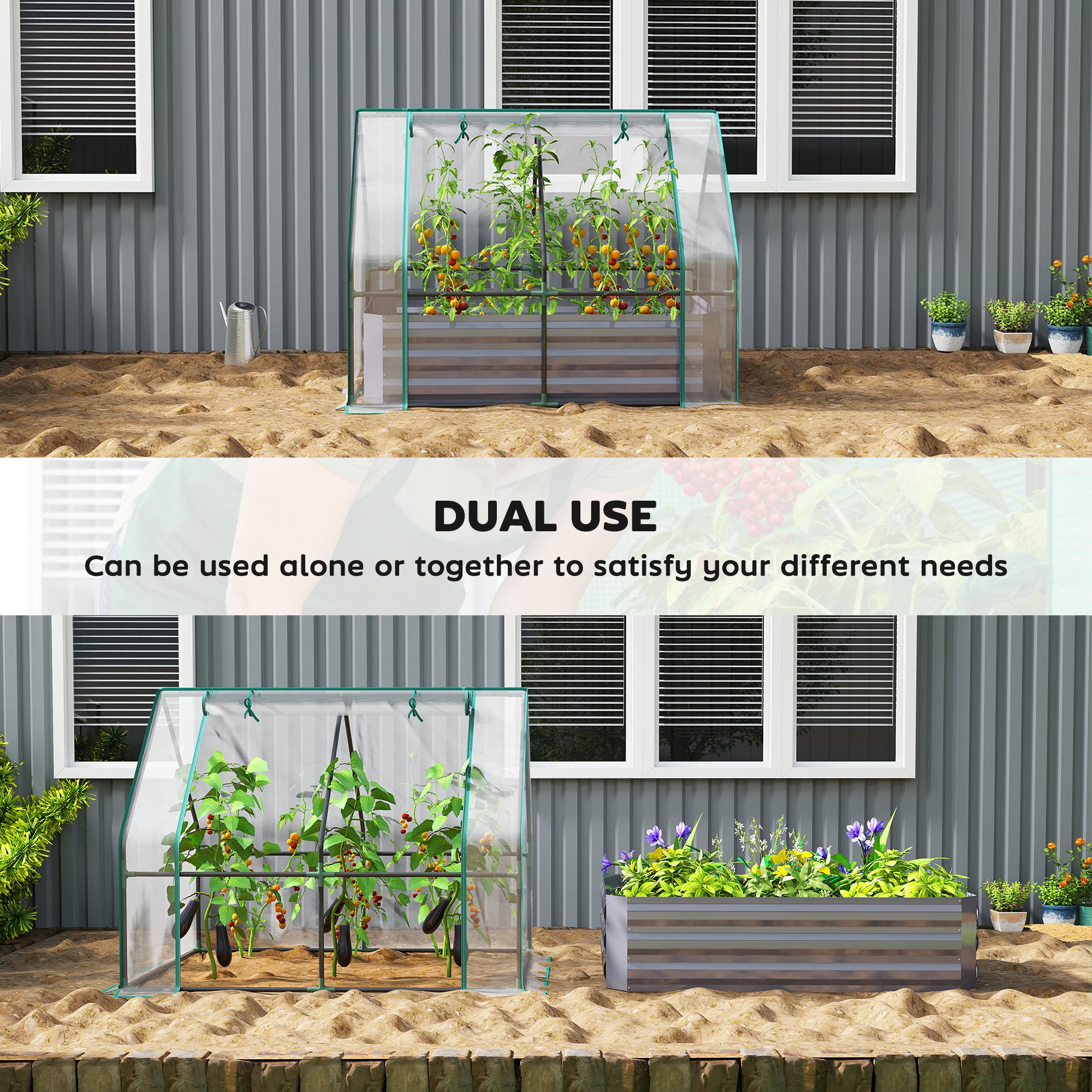 4 x 3ft Raised Garden Bed with Mini Greenhouse, Galvanized Raised Garden Bed with Cover, Clear and Dark Gray