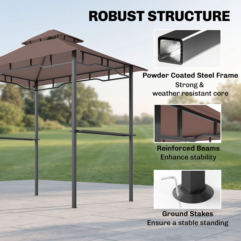 8' x 5' Grill Gazebo with Double Roof, Outdoor BBQ Canopy Gazebo with 2 Side Shelves for Patio Yard Garden Coffee