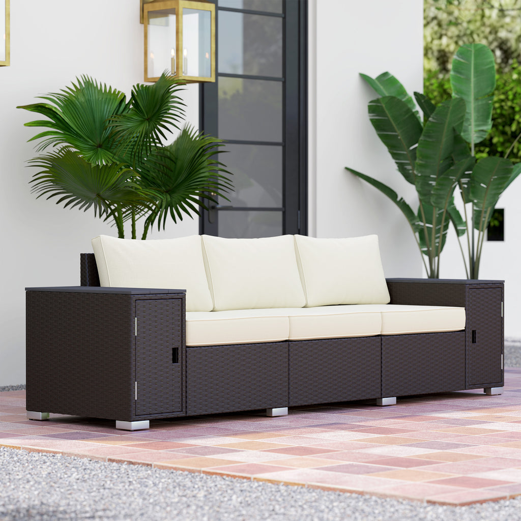 3 Seater Wicker Outdoor Couch Patio Sofa with Storage, Thickened Cushions and Wide Armrests for Porch Yard, Cream White