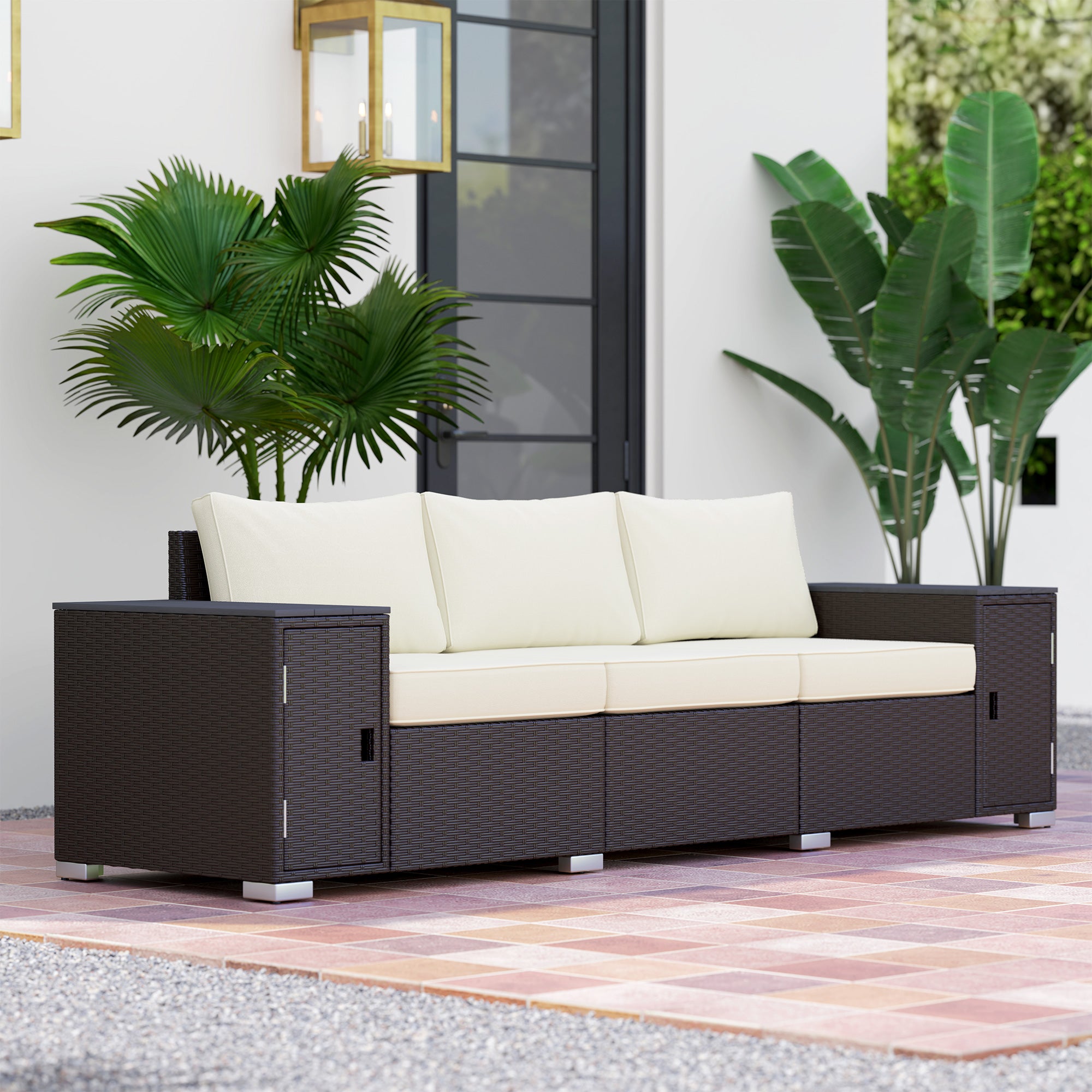 3 Seater Wicker Outdoor Couch Patio Sofa with Storage, Thickened Cushions and Wide Armrests for Porch Yard, Cream White