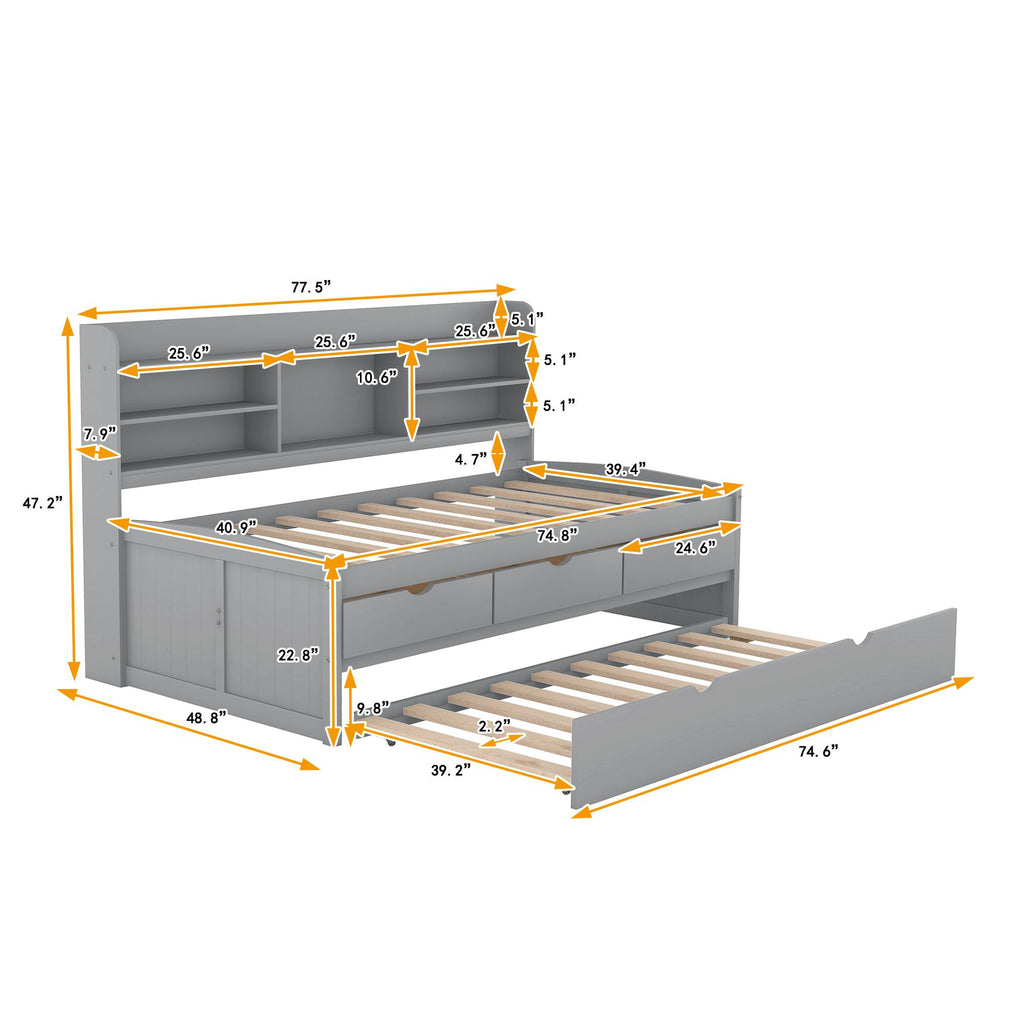 Classic Style Twin Size Wooden Captain Bed with Built-in Bookshelves, 3 Storage Drawers, and Trundle, 77.5" L x 88" W x 47" H, Grey