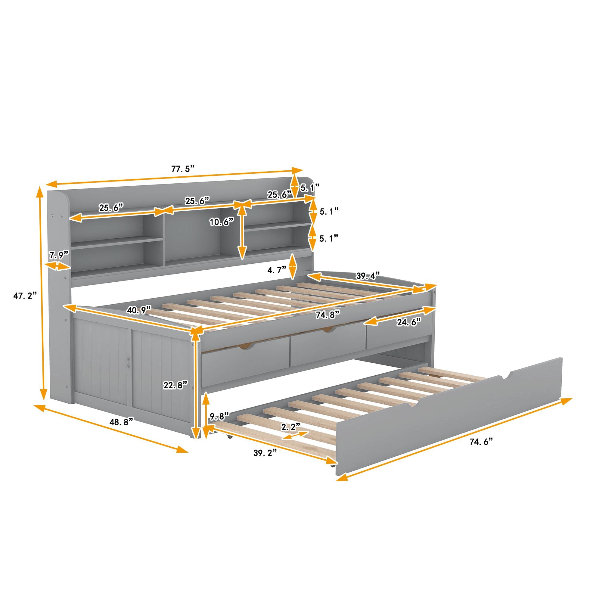 Classic Style Twin Size Wooden Captain Bed with Built-in Bookshelves, 3 Storage Drawers, and Trundle, 77.5" L x 88" W x 47" H, Grey