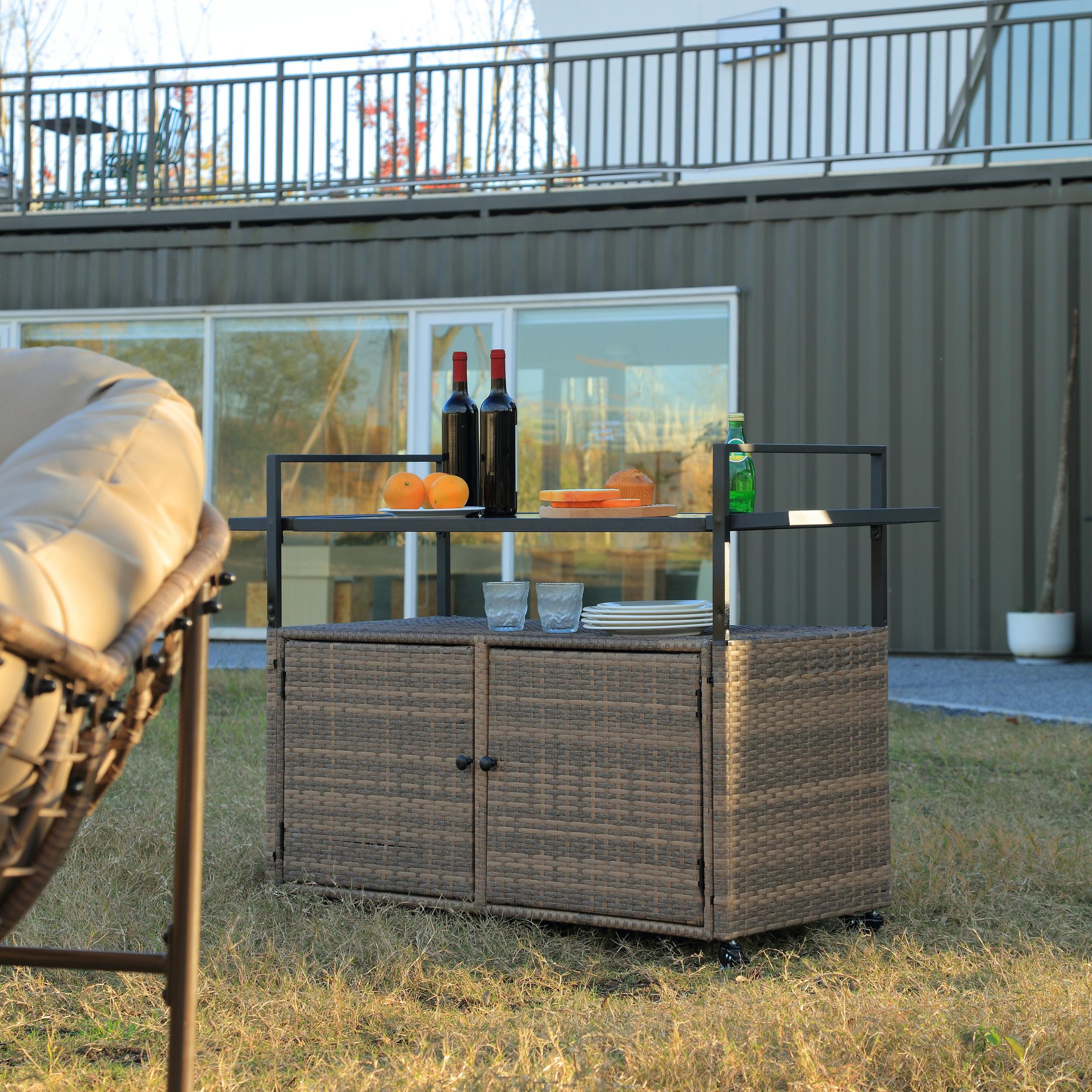 Outdoor Wicker Bar Cart with Wheels, Patio Wine Serving Cart with Glass Top and Storage Cabinet, 51" L x 20" W x 35.5" H, Light Brown