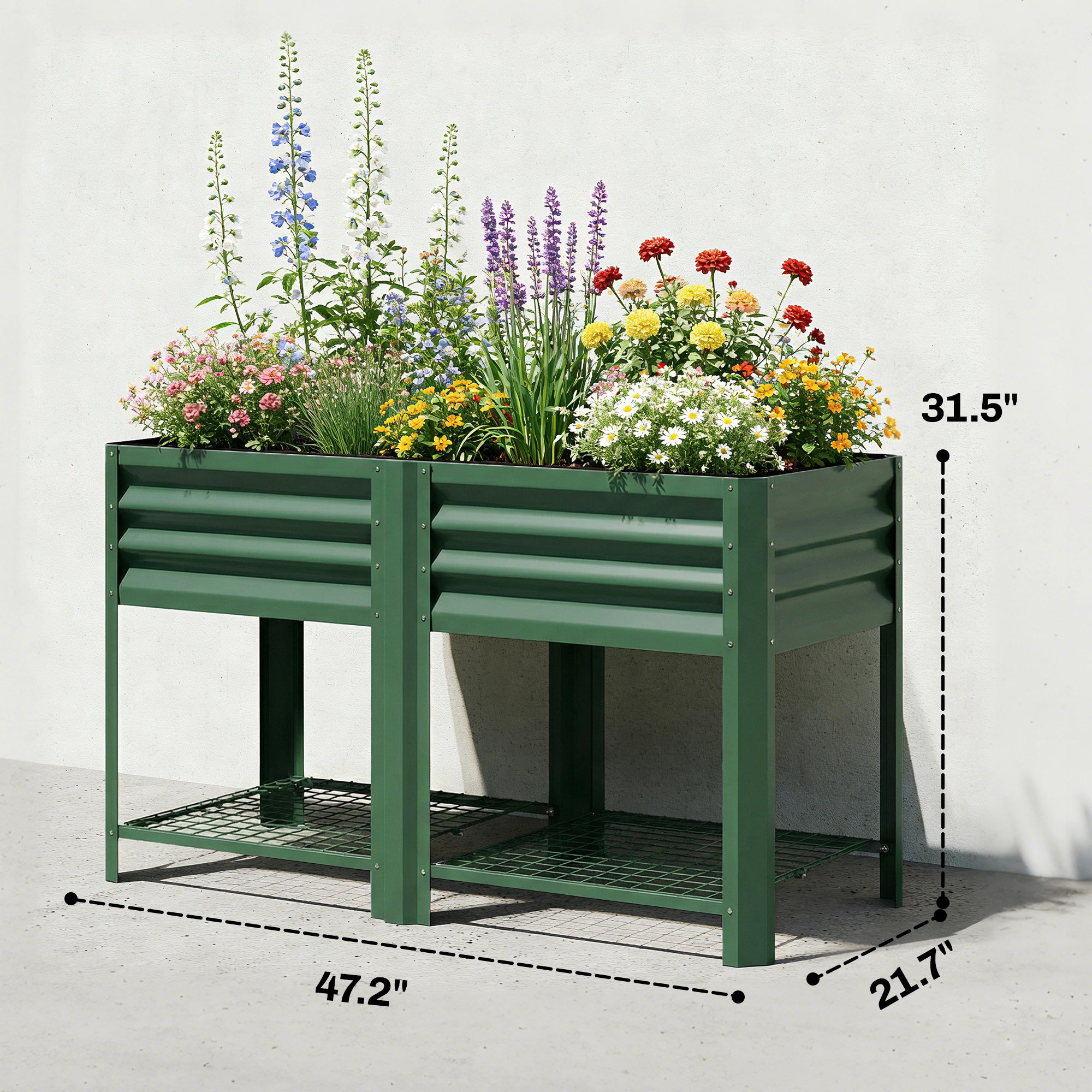 Raised Garden Bed Galvanized Steel, Elevated Planter Box with Storage Shelf, Bed Liner, 31.5" High, Green