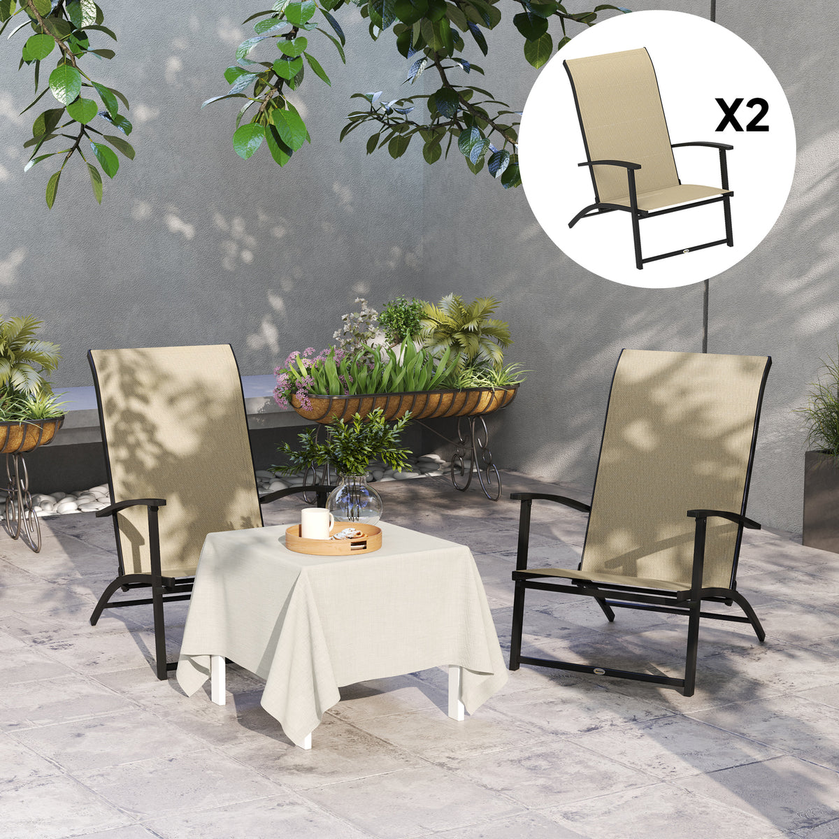 Set of 2 Outdoor Dining Chairs with High Back, Armrests, Folding Patio Chairs for Patio, Lawn, Camping, Beige
