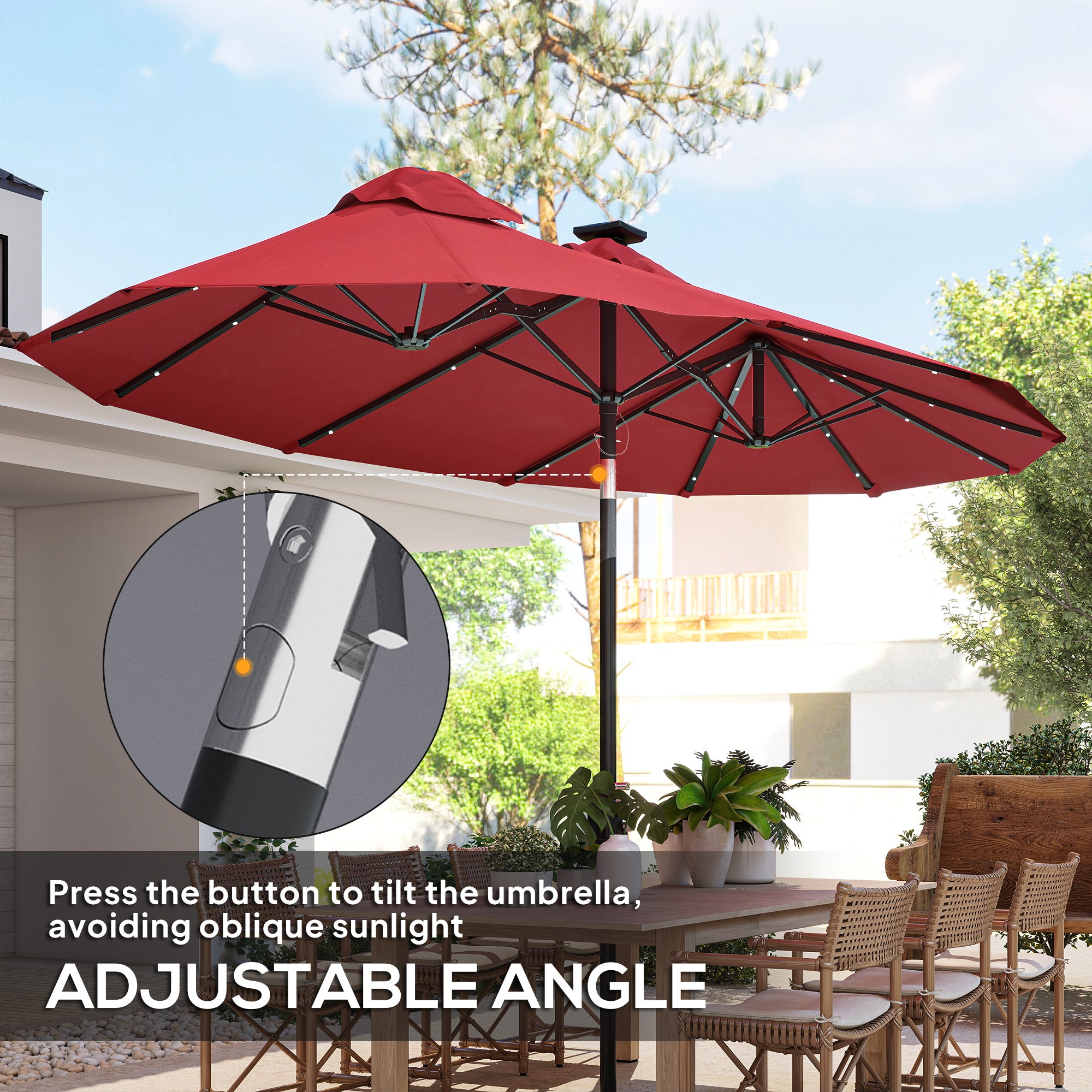 Double-sided Patio Umbrella, 9.7' Outdoor Umbrella with Tilt and Crank, LED Solar Light and 12 Ribs, Wine Red