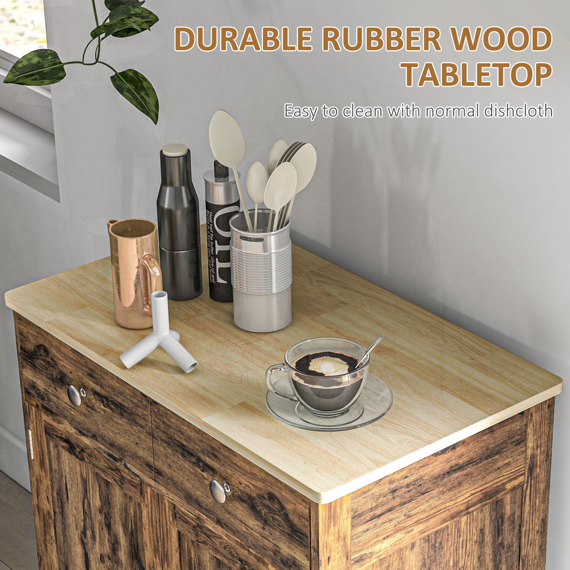Kitchen Storage Cabinet, Sideboard Floor Cupboard with Solid Wood Top, Adjustable Shelf, and 2 Drawers, Brown