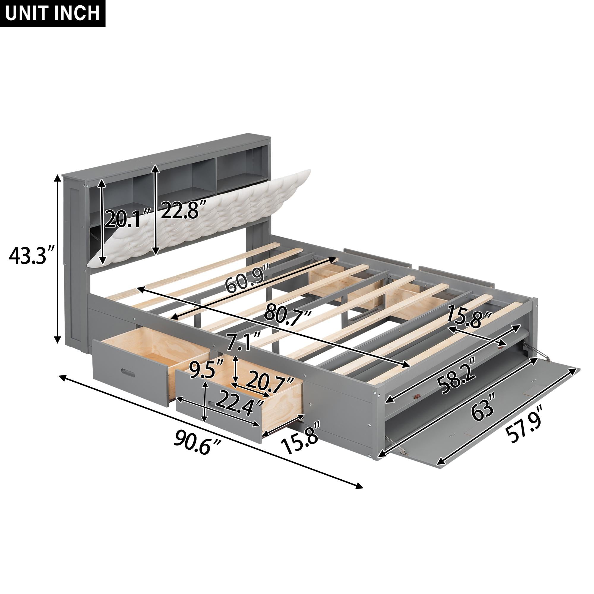 Wood Queen Size Platform Bed with Storage Headboard, Shoe Rack, and 4 Drawers, 90.5" L x 63" W x 43" H, Gray