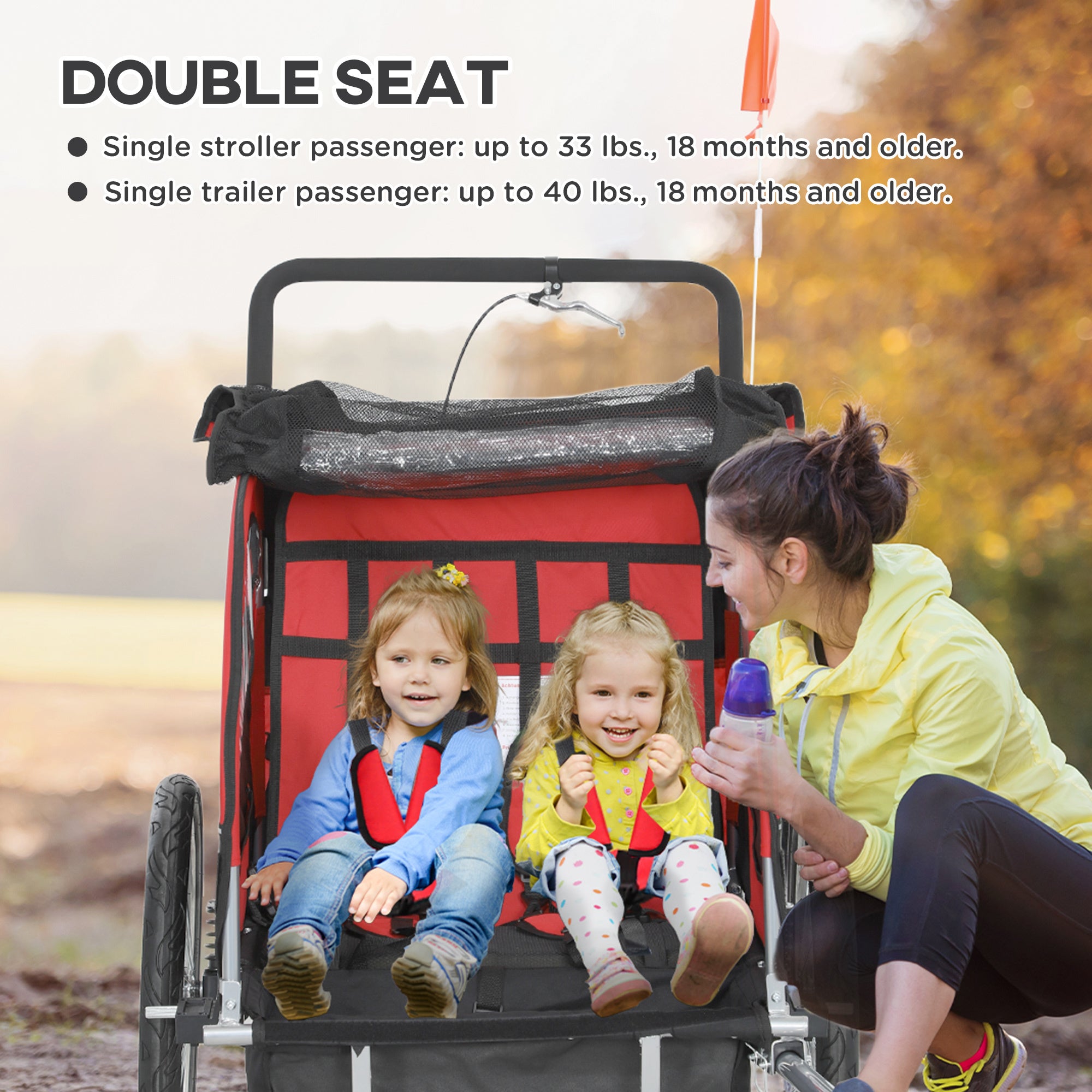 2-Seat Elite 360 Swivel Bike Trailer for Kids Bicycle Cargo Trailer with Water-Resistant Windows, Black and Red