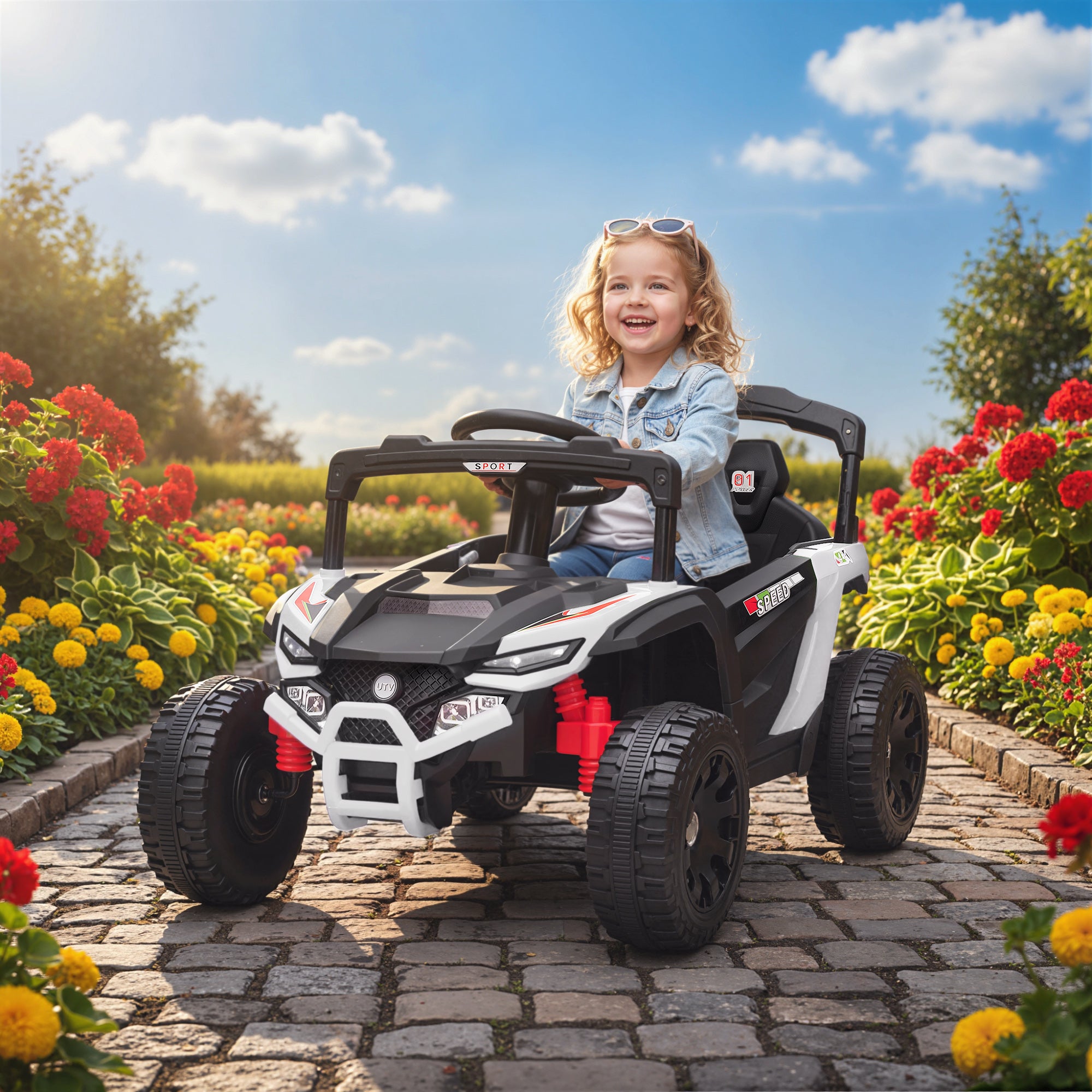 12V Kids Ride On Truck, Battery Powered Electric UTV Vehicle with Rear Suspension, Remote Control for 3-5 Years, White