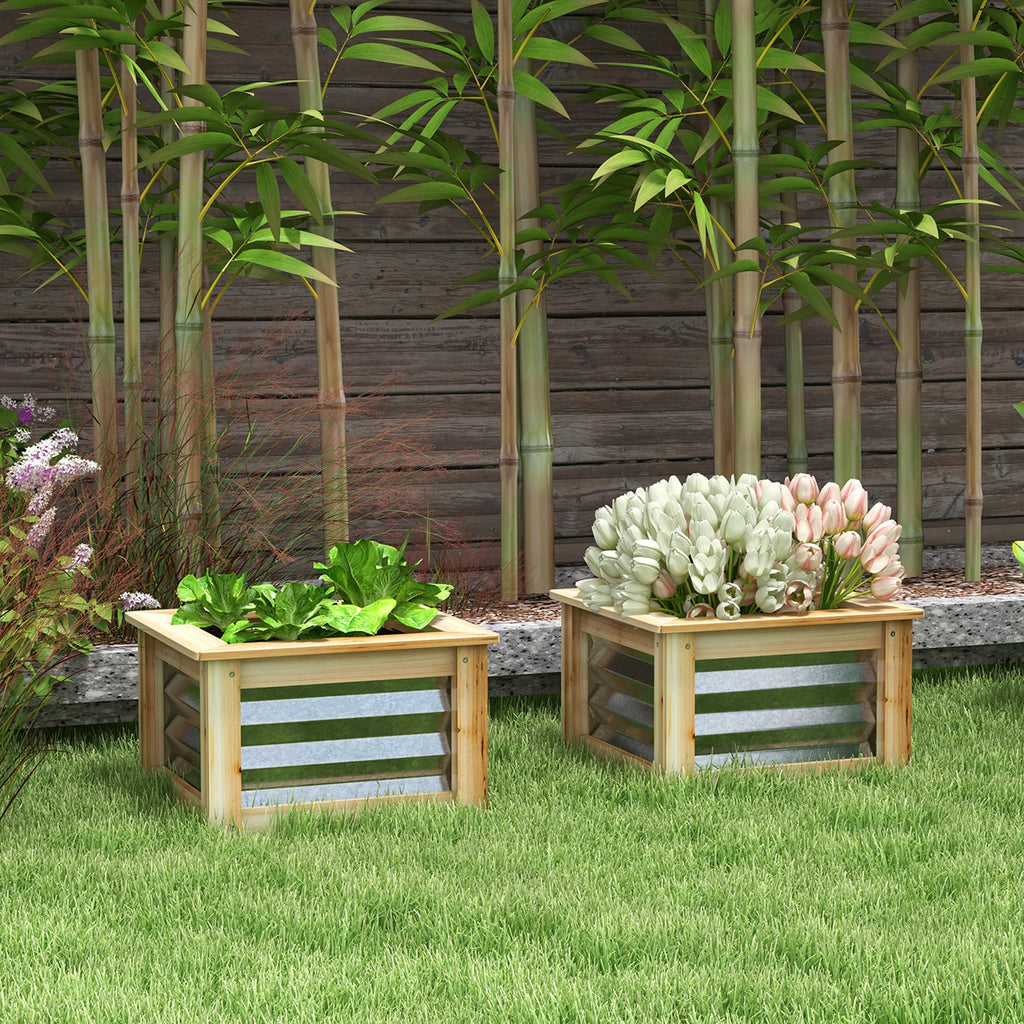 Raised Garden Beds Set of 2, Metal and Wood Combined Planter Box, for Growing Flowers, Herbs and Vegetables