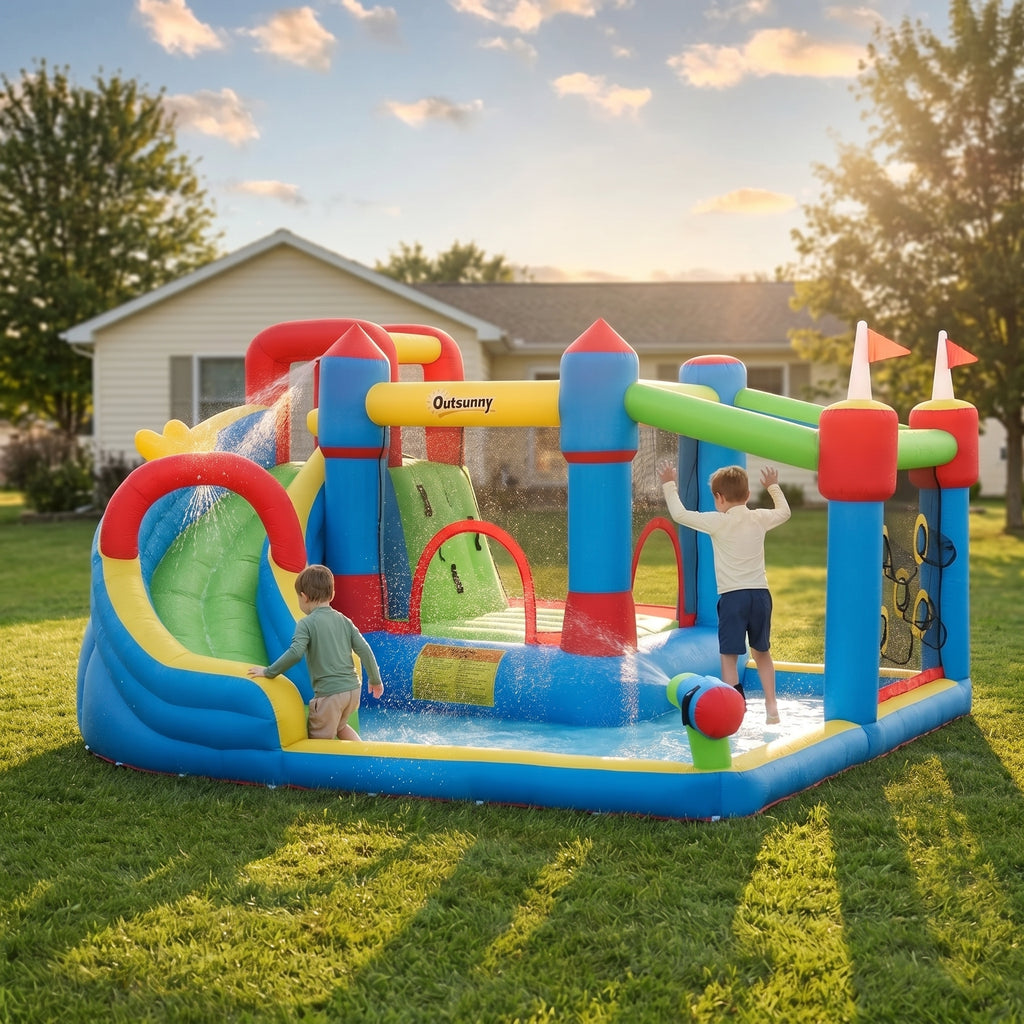 6-in-1 Inflatable Water Slide with Splash Pool, Slide, Climbing Wall, Water Cannon, Inflatable Bounce House for Kids with 2 Min. Inflation and Air Blower