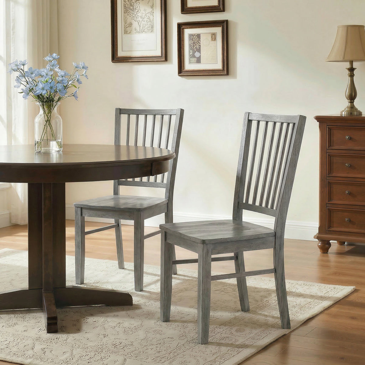 Dining Chairs Set of 2 Ergonomic Solid Wood, Armless Kitchen Chairs with Rubberwood Legs, Rustic Gray