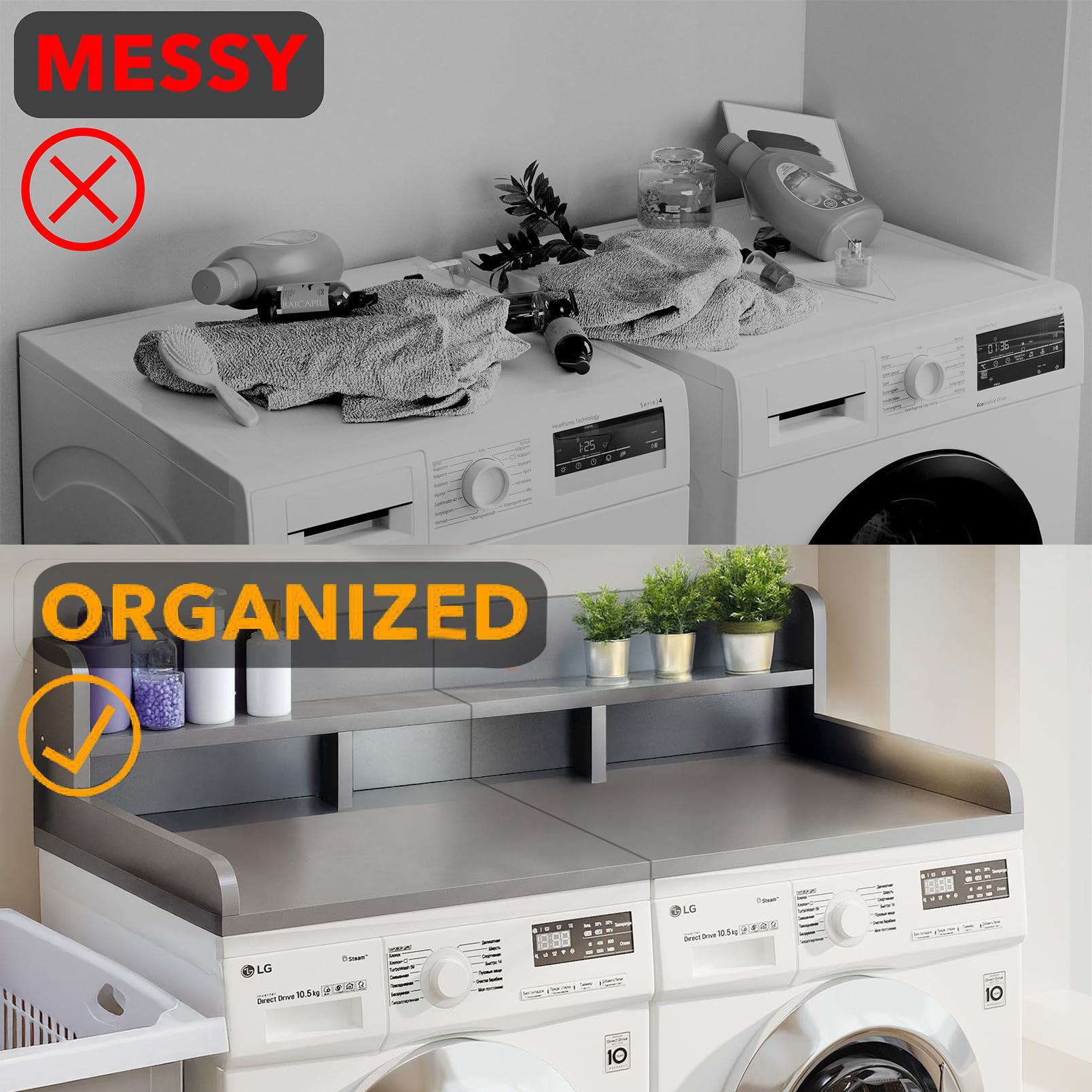 Practical Washer Dryer Countertop with Non-slip Pads, Wood Shelf Topper with Edge, Double Layer Organizer, 54" L x 27.5" W x 12" H, Grey