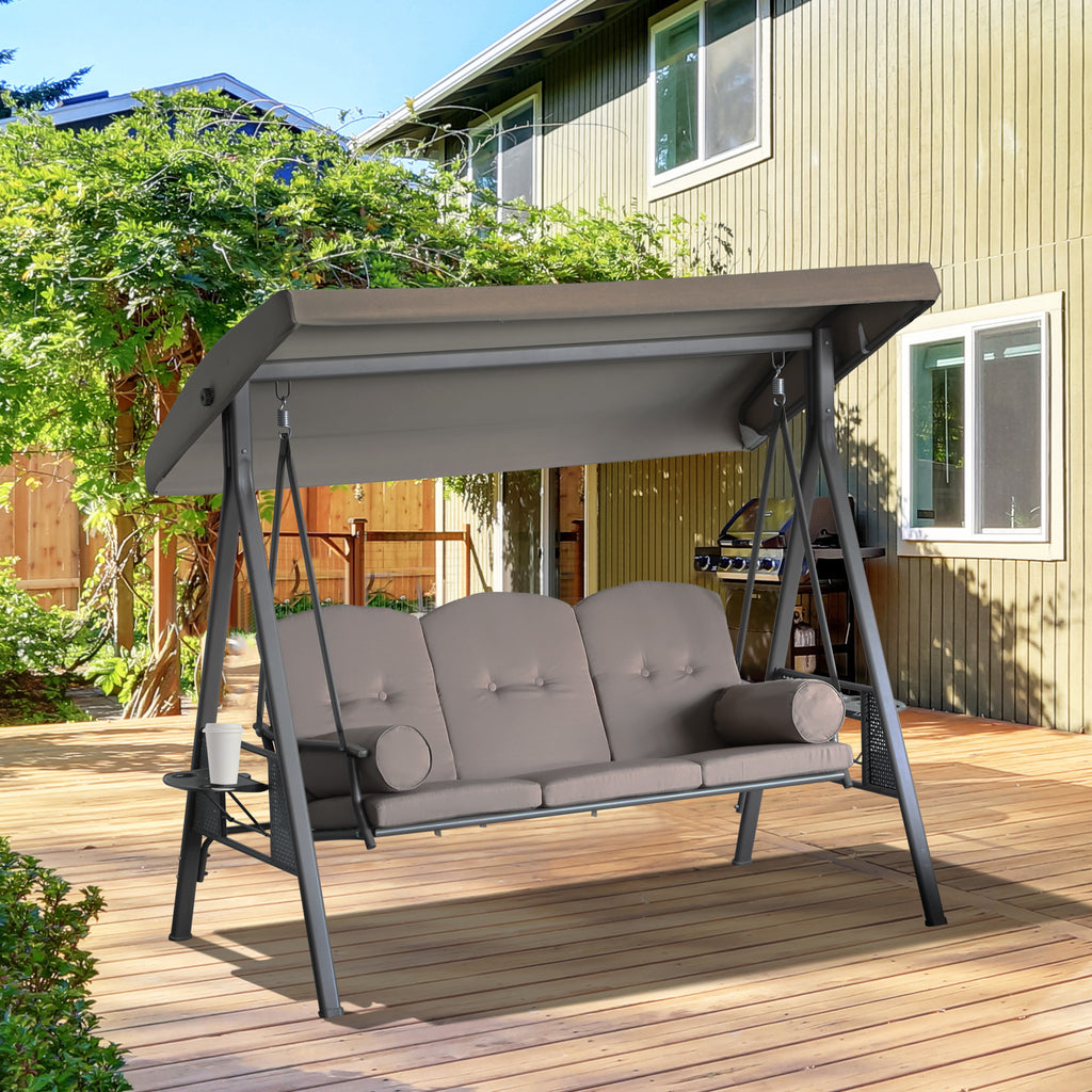 3-Seat Patio Swing Chair, Outdoor Porch Swing Glider with Adjustable Canopy, Removable Cushion, Pillows and Side Trays, for Garden, Poolside, Backyard, Brown