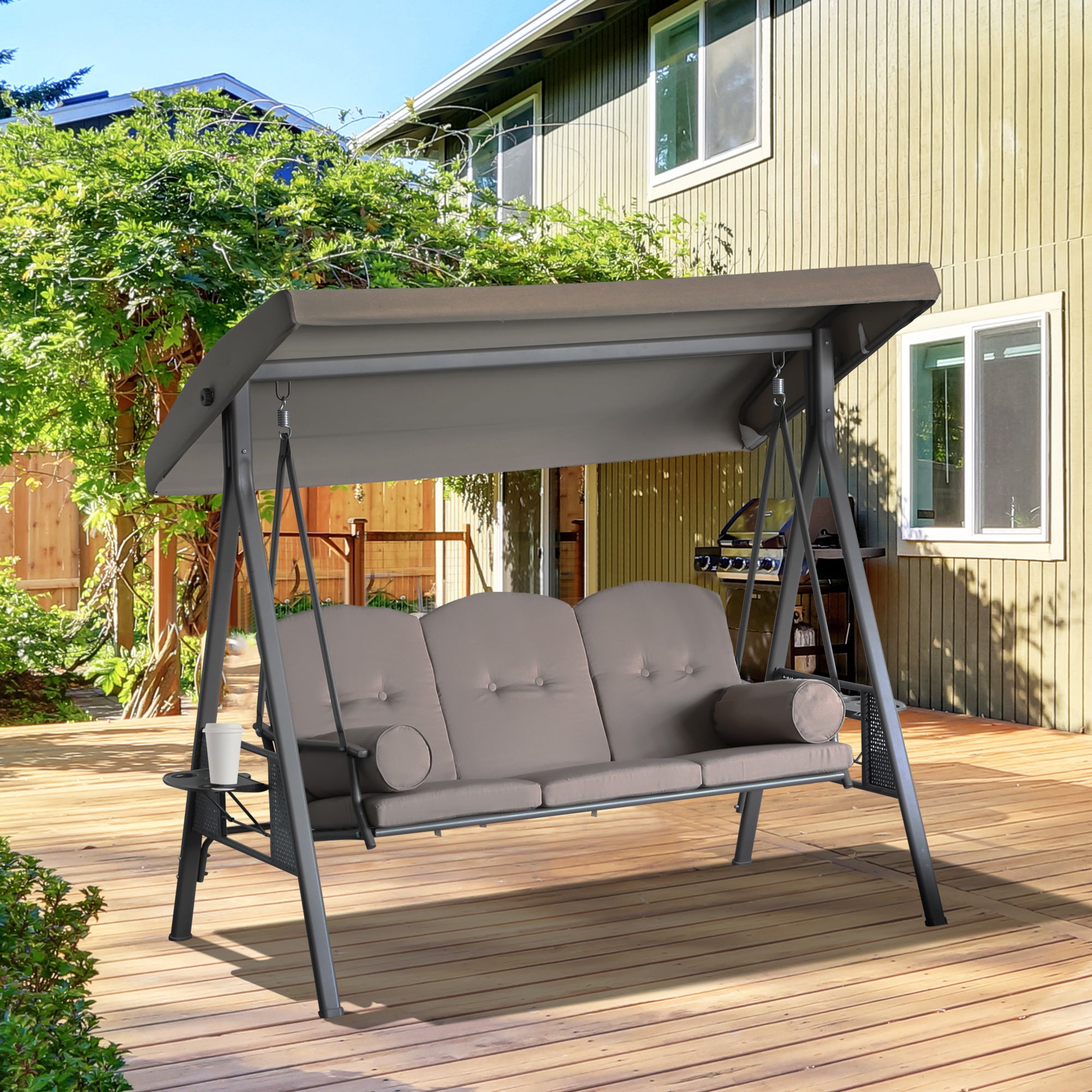 3-Seat Patio Swing Chair, Outdoor Porch Swing Glider with Adjustable Canopy, Removable Cushion, Pillows and Side Trays, for Garden, Poolside, Backyard, Brown
