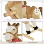 Kids Plush Ride-On Rocking Horse Toy Cowboy Rocker with Fun Realistic Sounds for Child 3-6 Years Old, Beige