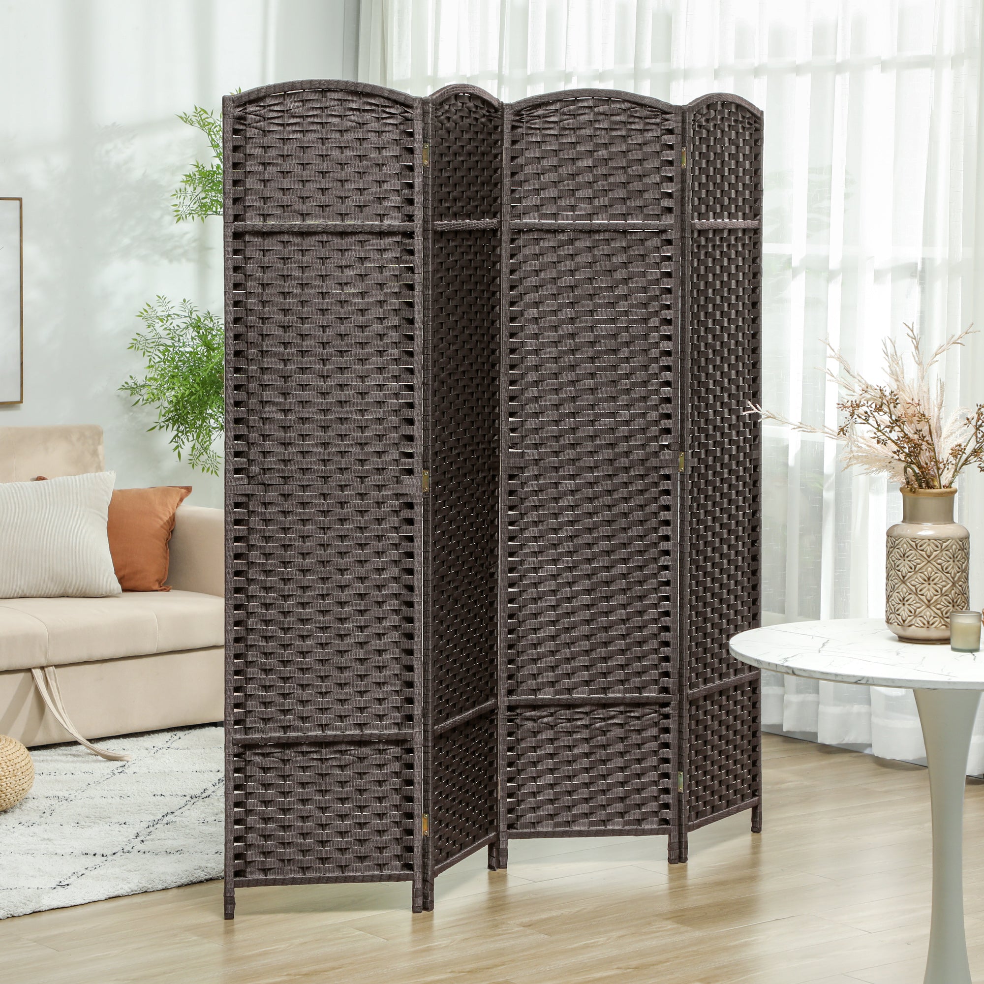 Folding Room Divider Screen 4 Panel 5.6 ' Tall Privacy Screen Freestanding Room Partition for Home Office, Brown