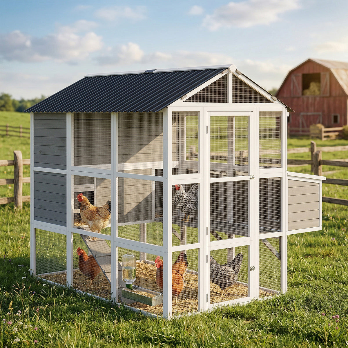 77" Large Chicken Coop for 6-8 Chickens, Outdoor Wooden Hen House Poultry Cage with Run, Nesting Boxes, Waterproof Roof