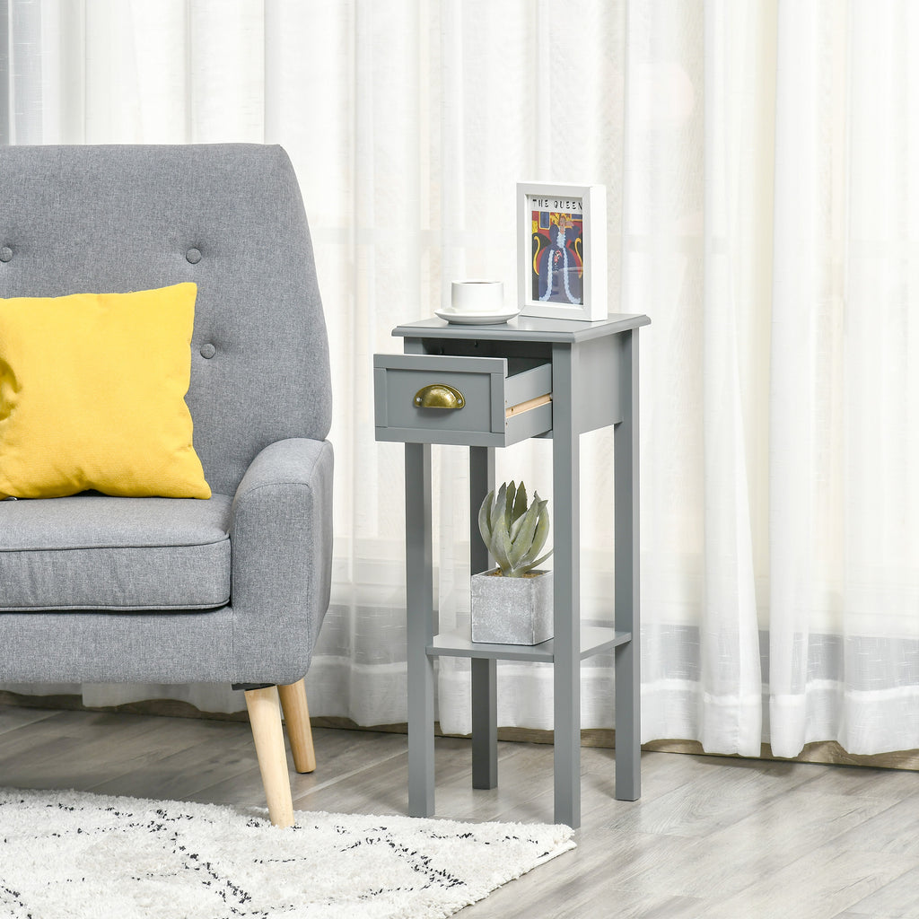 2-Tier Tall Side Table, Nightstand End Table w/ Drawer & Bottom Shelf for Living Room, Bedroom, Gray