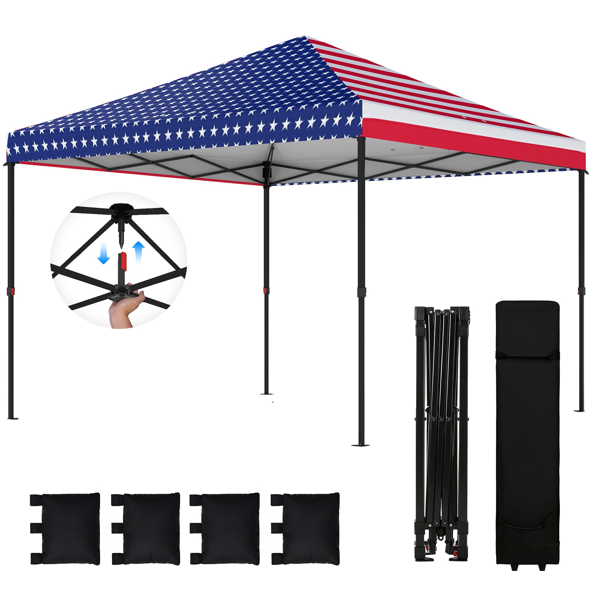 10 x 10 ft Pop Up Canopy Tent with One Push Setup, Outdoor Portable Instant Canopy Shelter w/ Roller Bag, American Flag