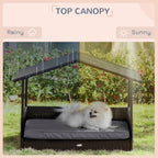 Wicker Dog House Outdoor with Canopy, Rattan Dog Bed with Water-resistant Cushion, Raised Pet Bed for Small, Medium Breeds up to 66 lbs, 20" in Length, Brown Wicker, Gray Cushion