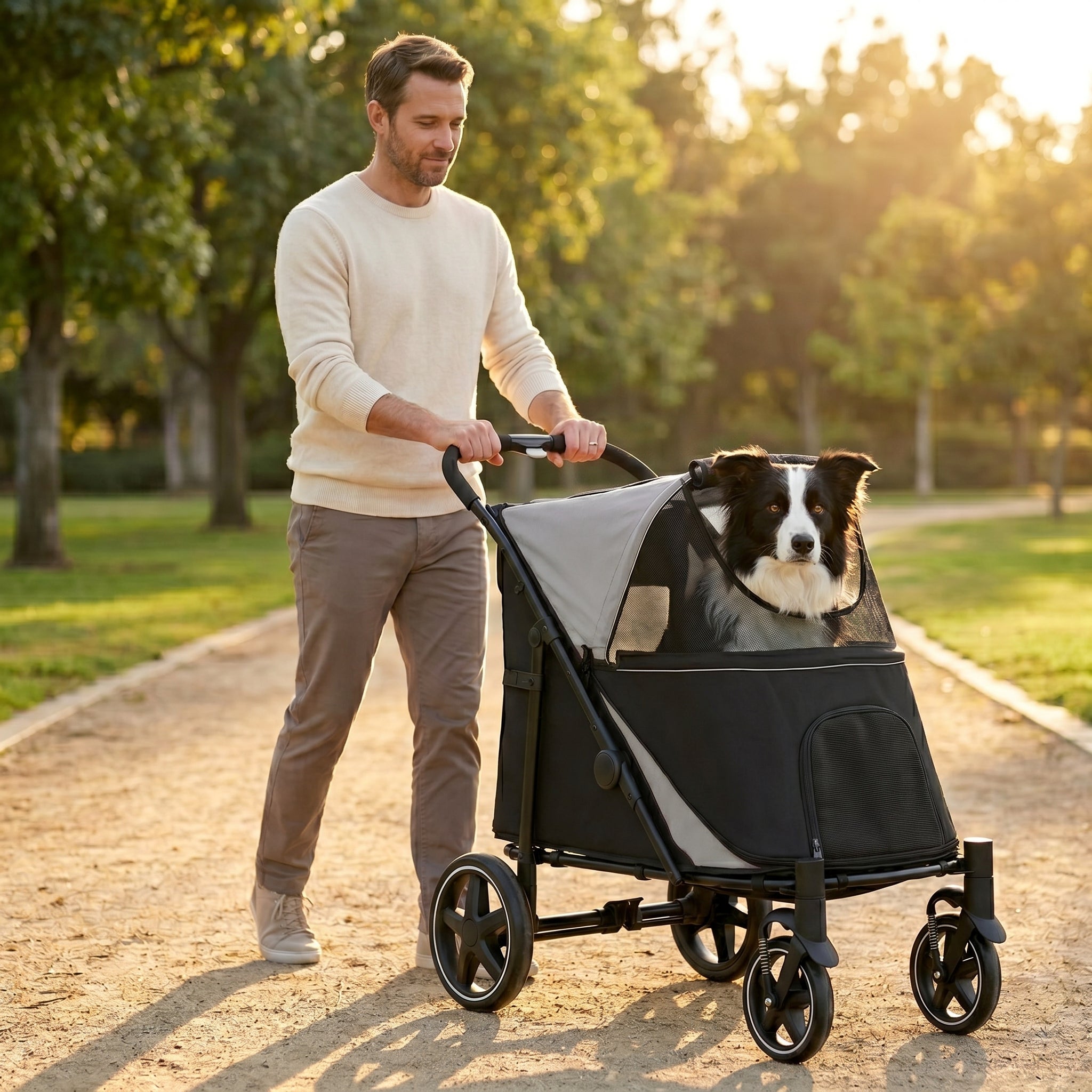 Dog Stroller for Large Medium Small Dogs up to 66 Lbs. 23.5" in Body Length, One-Click Foldable Pet Cat Stroller with Storage, Shock Absorption Wheels, Mesh Window, Safety Leash, Gray