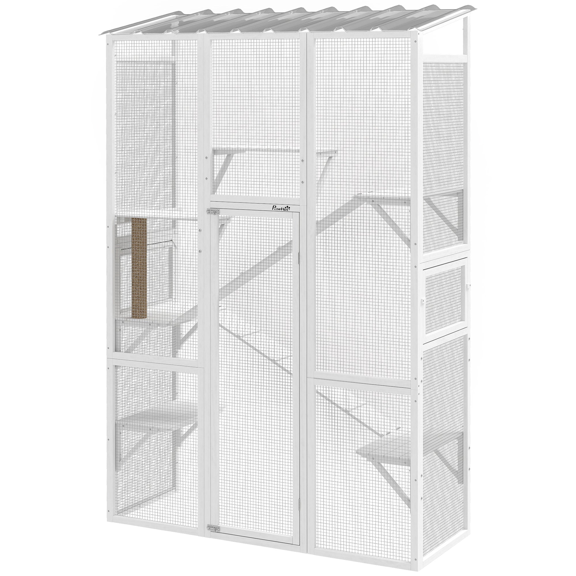 Outdoor Catio Cat Enclosure, Large Wooden Cat House with 6 Jumping Platforms, Scratching Post, 2 Ramps, for 2-3 Kittens