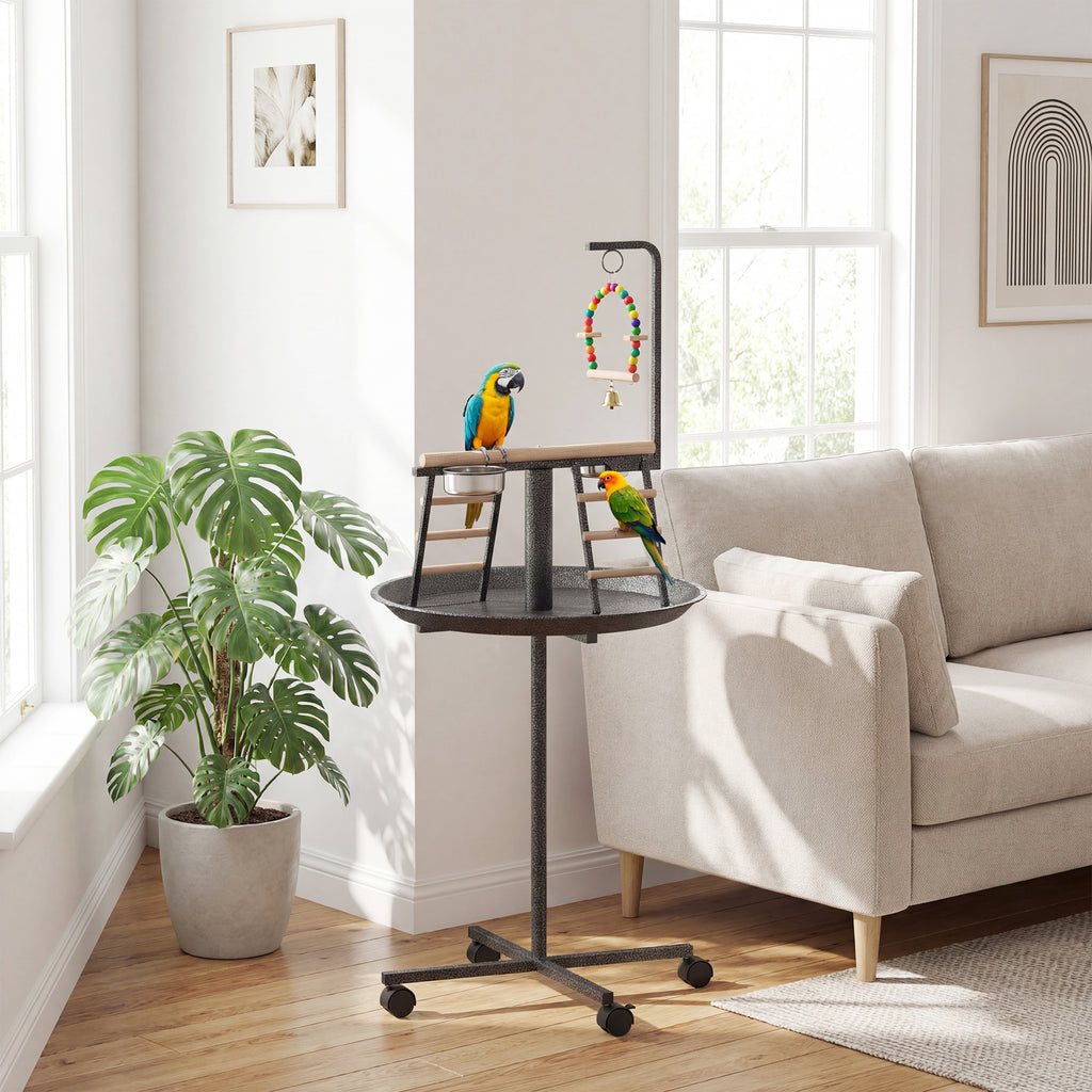 Bird Stand with Wheels Parrot Play Stand with Round Tray Stainless Steel Feed Bowls Indoor Outdoor Dark Gray
