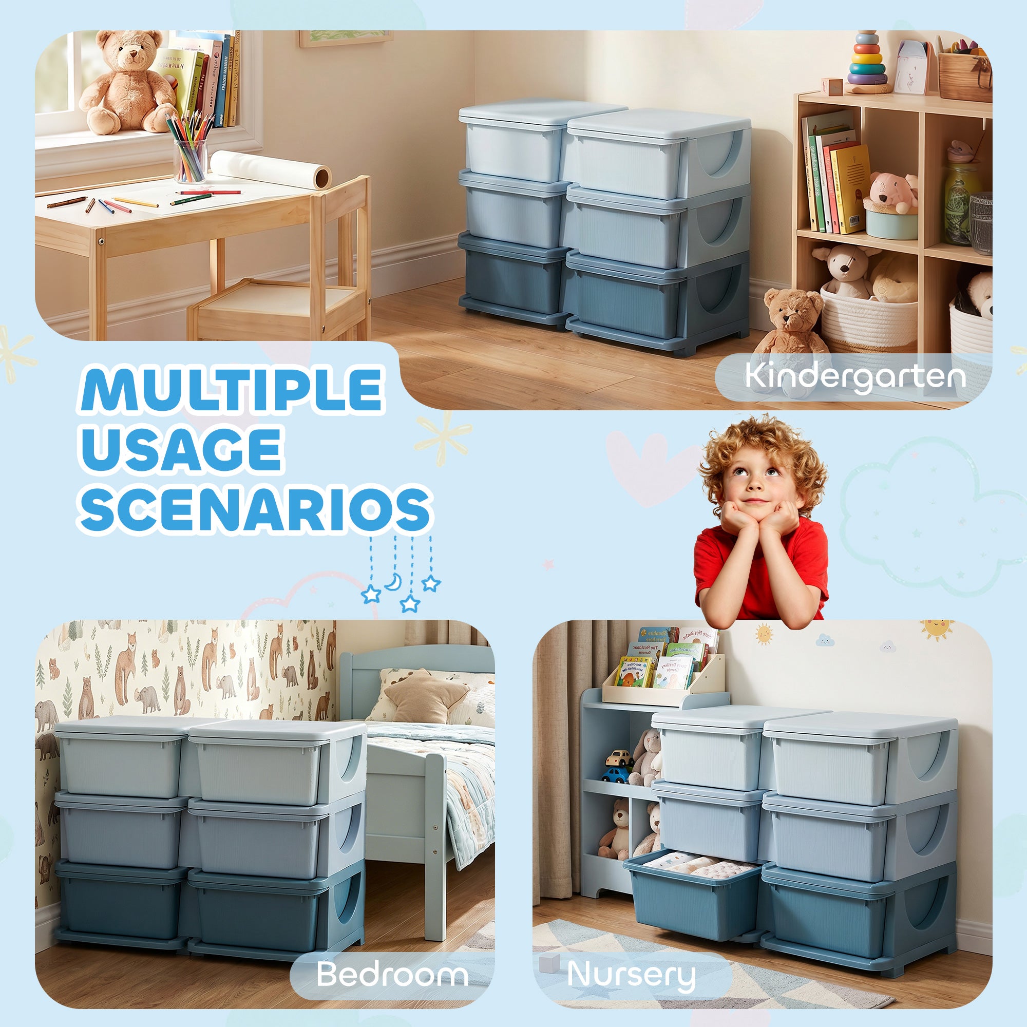 3 Tier Kids Storage Organizer with 6 Drawers for Bedroom, Nursery, Kindergarten, Living Room, Boys and Girls, Blue