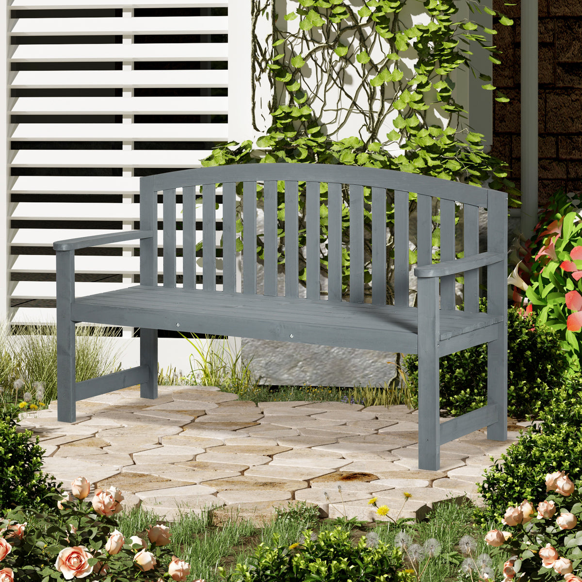 56" Outdoor Wood Bench, 2-Seater Garden Bench with Backrest and Armrest, Patio Bench for Patio, Porch, Poolside, Balcony, Gray