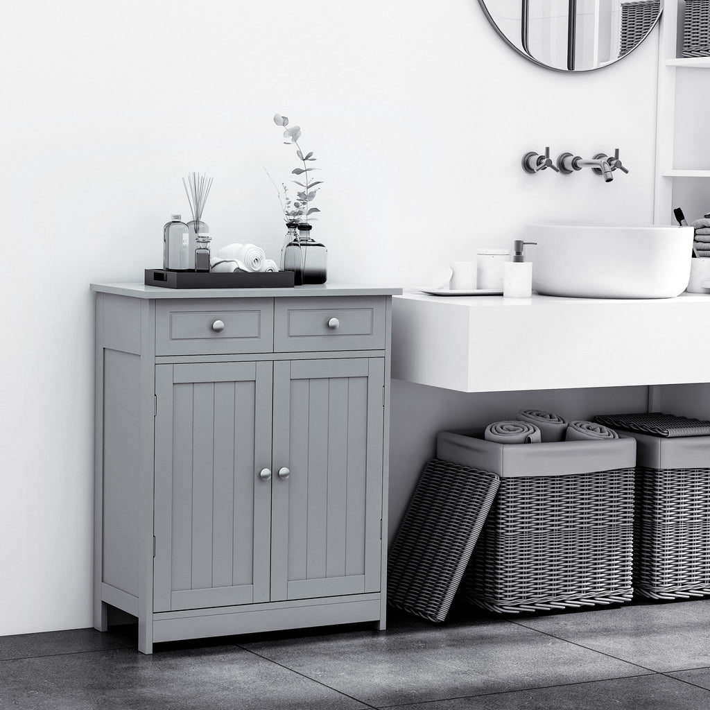 Freestanding Bathroom Floor Cabinet, Wooden Bathroom Cabinet with 2 Doors, 2 Drawers and Adjustable Shelf, Gray