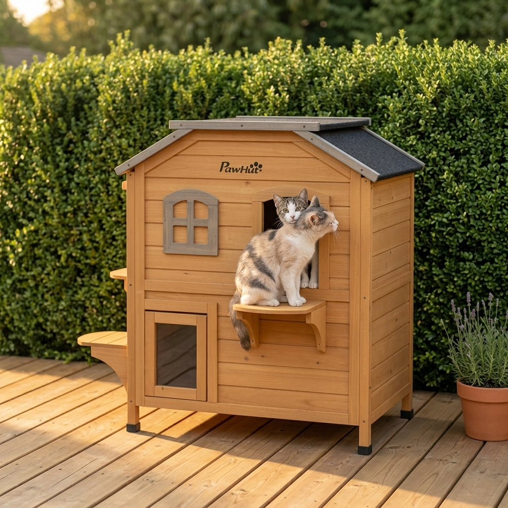 2-story Cat House Outdoor, Weatherproof Wooden Cat Enclosure for Feral Cats with Escape Door, Openable Roof, Jumping Platforms, Natural