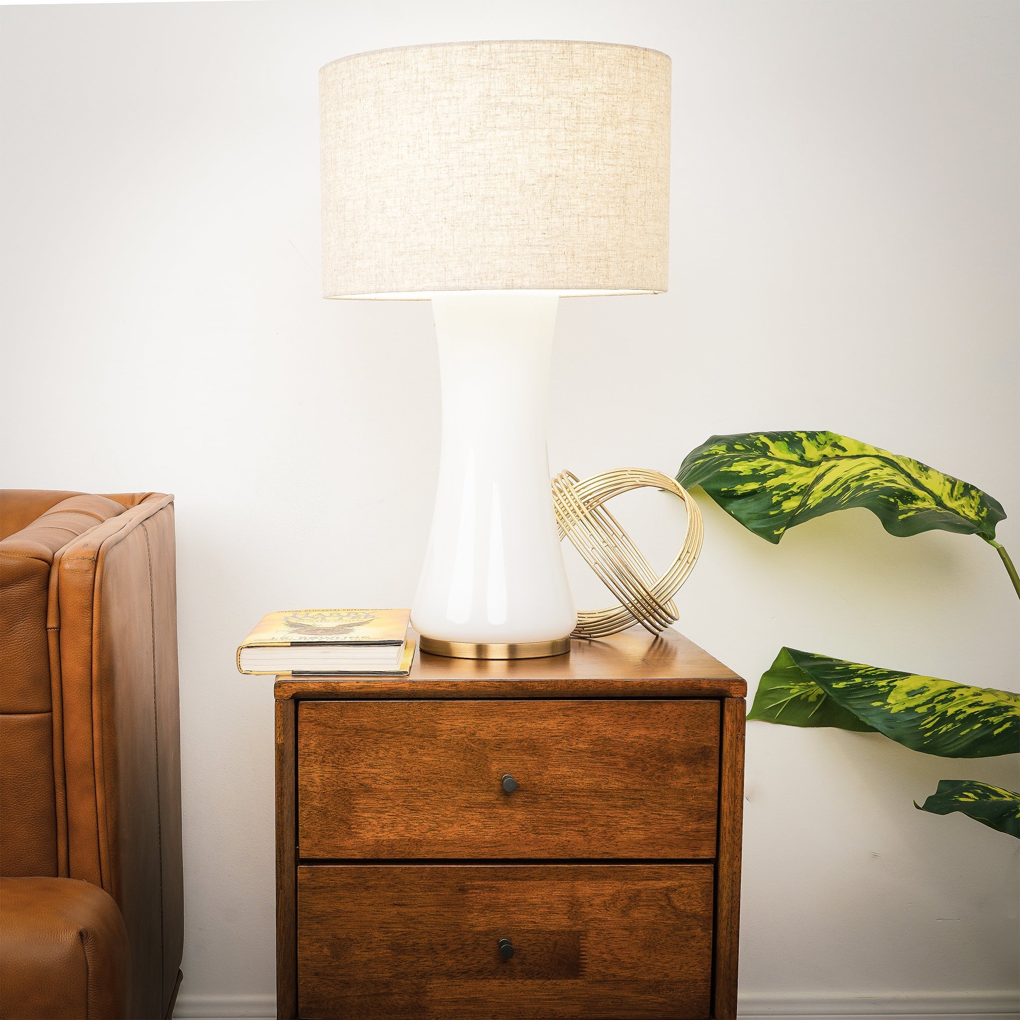 Cascade Glass Table Lamp with Golden Base, Off-White Glass Shade, Elegant Design, 14" L x 14" W x 24.5" H, Gold+White