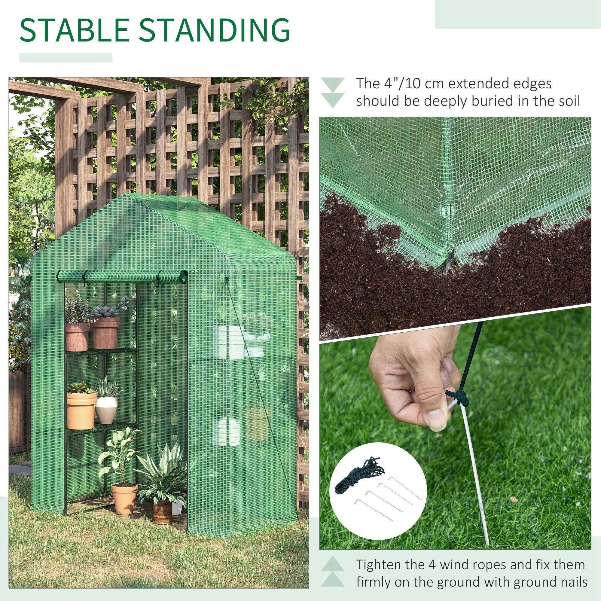 56" x 29" x 77" Walk-in Greenhouse, Garden Hot House with 3 Tier Shleves, Roll-Up Door and PE Cover, Green