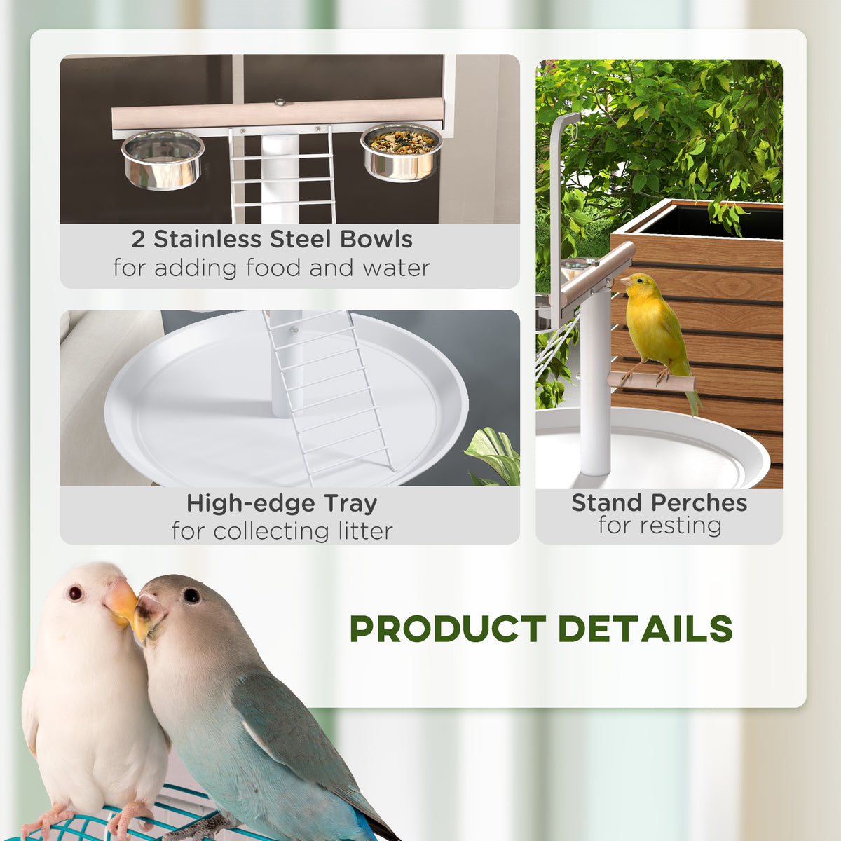 Bird Stand with Wheels, Perches, Feed Bowls, Round Tray for Parrot