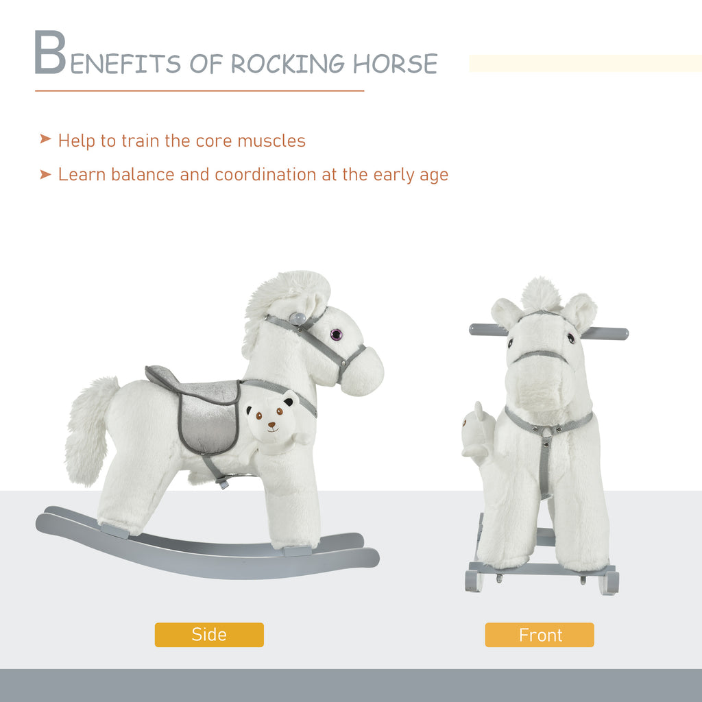Kids Rocking Horse with Bear Toy, Plush Animal Rocker with Fun Realistic Sounds for Toddler 18-36 Months, White