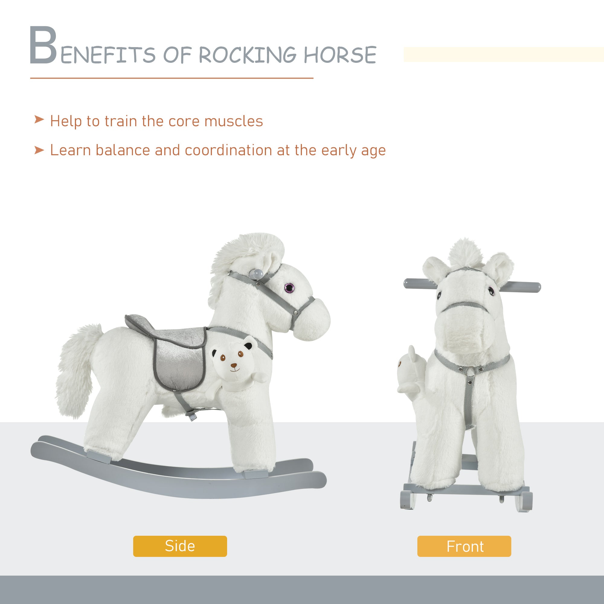 Kids Rocking Horse with Bear Toy, Plush Animal Rocker with Fun Realistic Sounds for Toddler 18-36 Months, White