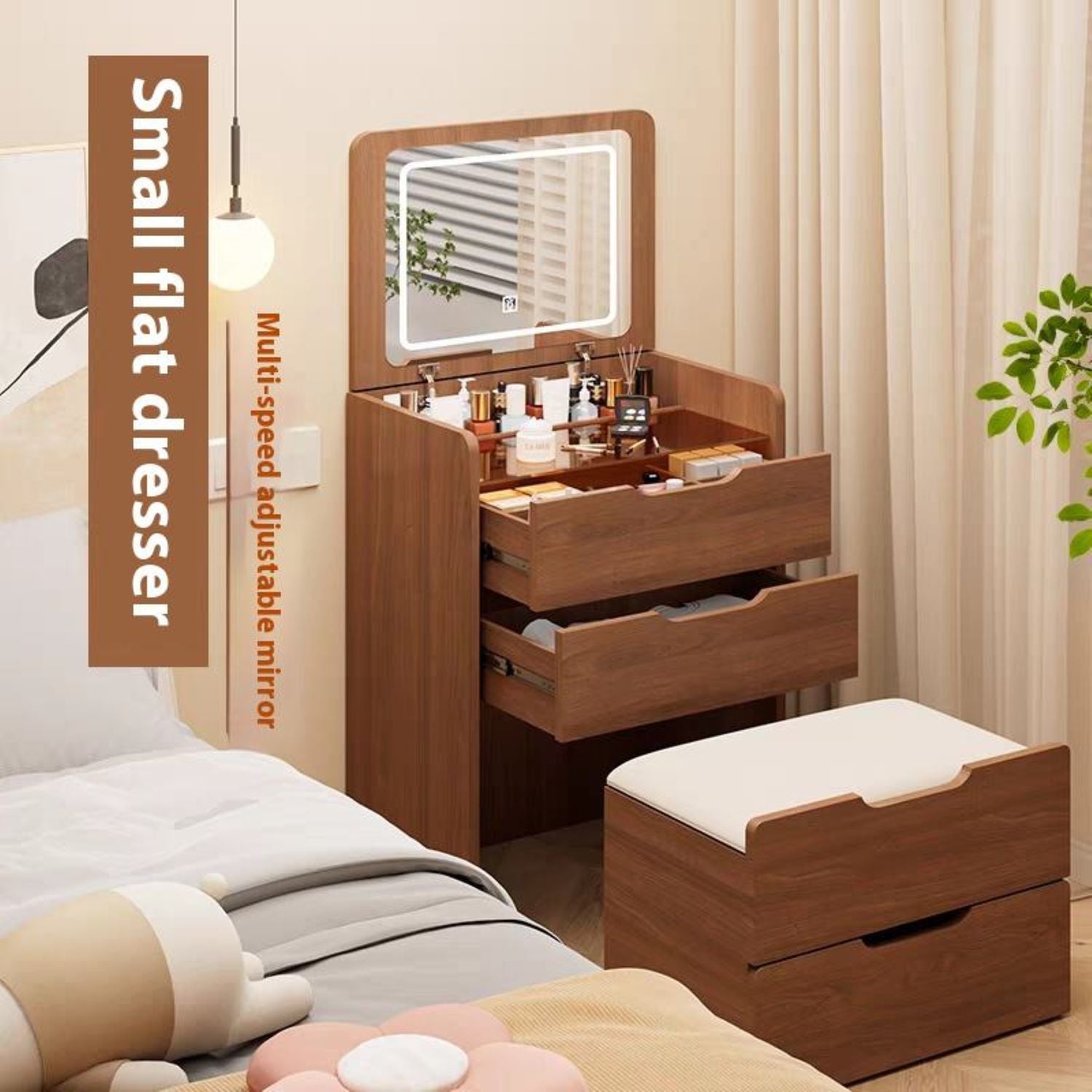 3-in-1 Vanity Desk with Flip Top Mirror, Dressing Table, Compact Makeup Vanity Set with Visible Glass Desktop, 23.5" L x 16" W x 31.5" H, Walnut