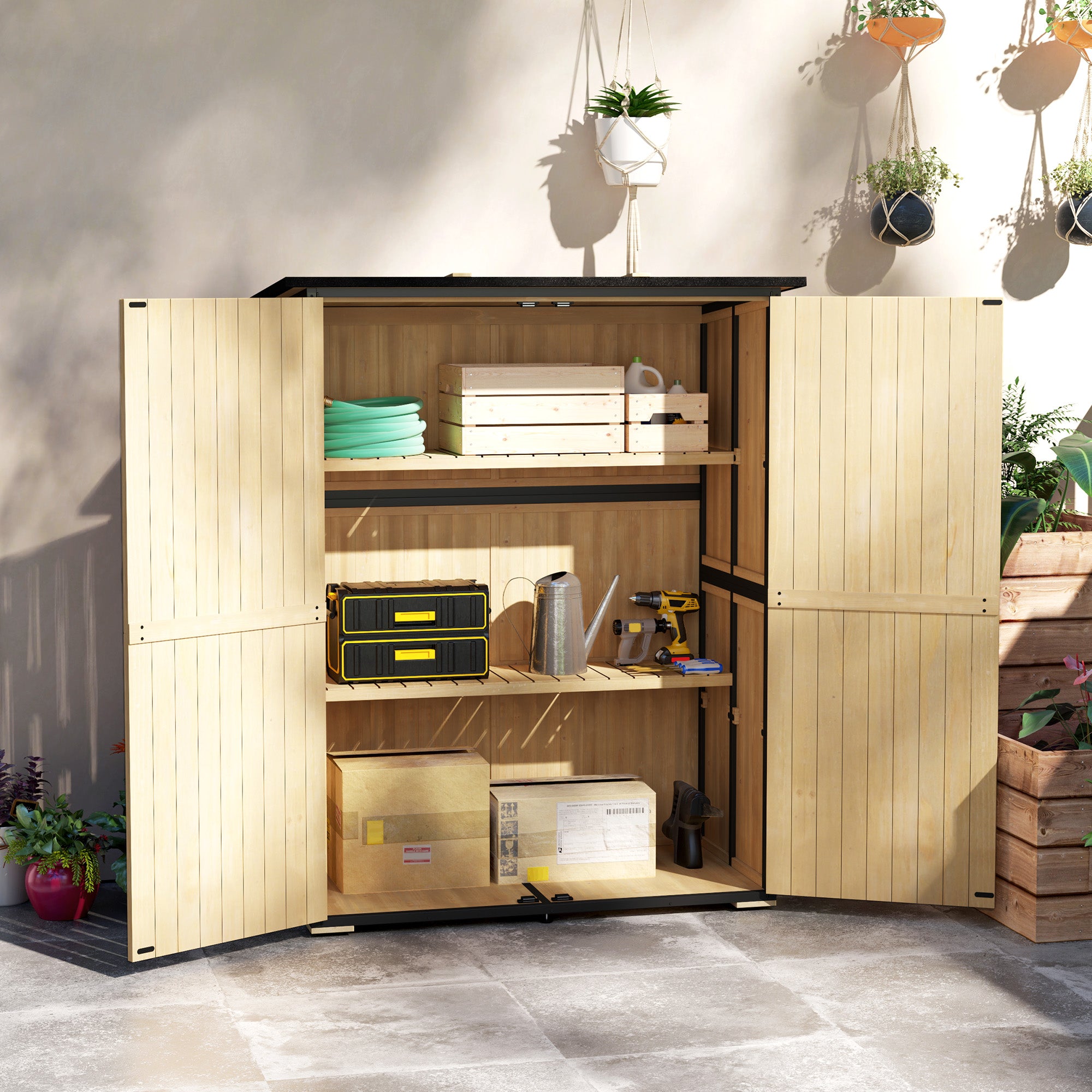Wood Storage Shed, Outdoor Garden Shed with Asphalt Roof, 2 Shelves, Lockable Doors and Adjustable Feet, Natural