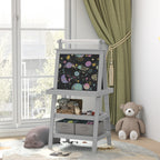 Double Sided Easel for Kids, Standing Toddler Easel with Paper Roll, Magnetic Whiteboard, Chalkboard & Storage, Gray