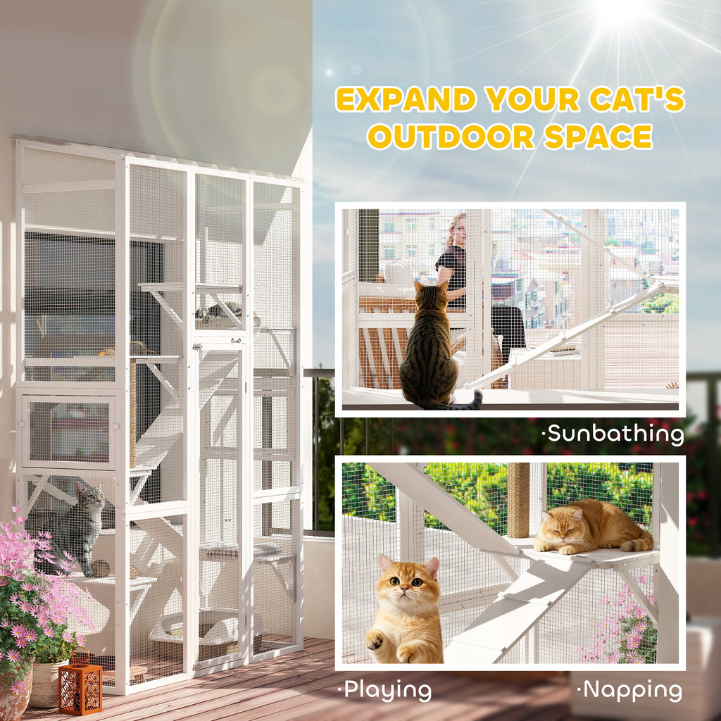 Outdoor Catio Cat Enclosure, Large Wooden Cat House with 6 Jumping Platforms, Scratching Post, 2 Ramps, for 2-3 Kittens